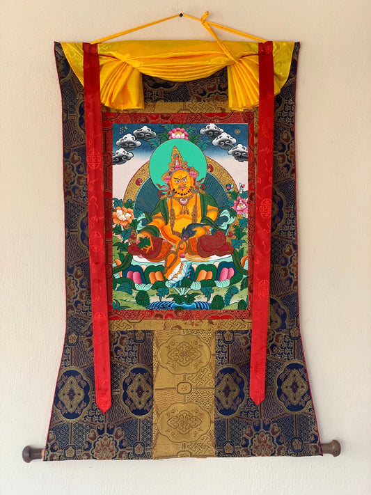 Original Hand-painted, Jambhala / Zambhala/ Kuber/ God of Wealth Masterpiece Tibetan Thangka Painting with Premium Khadi Silk Brocade