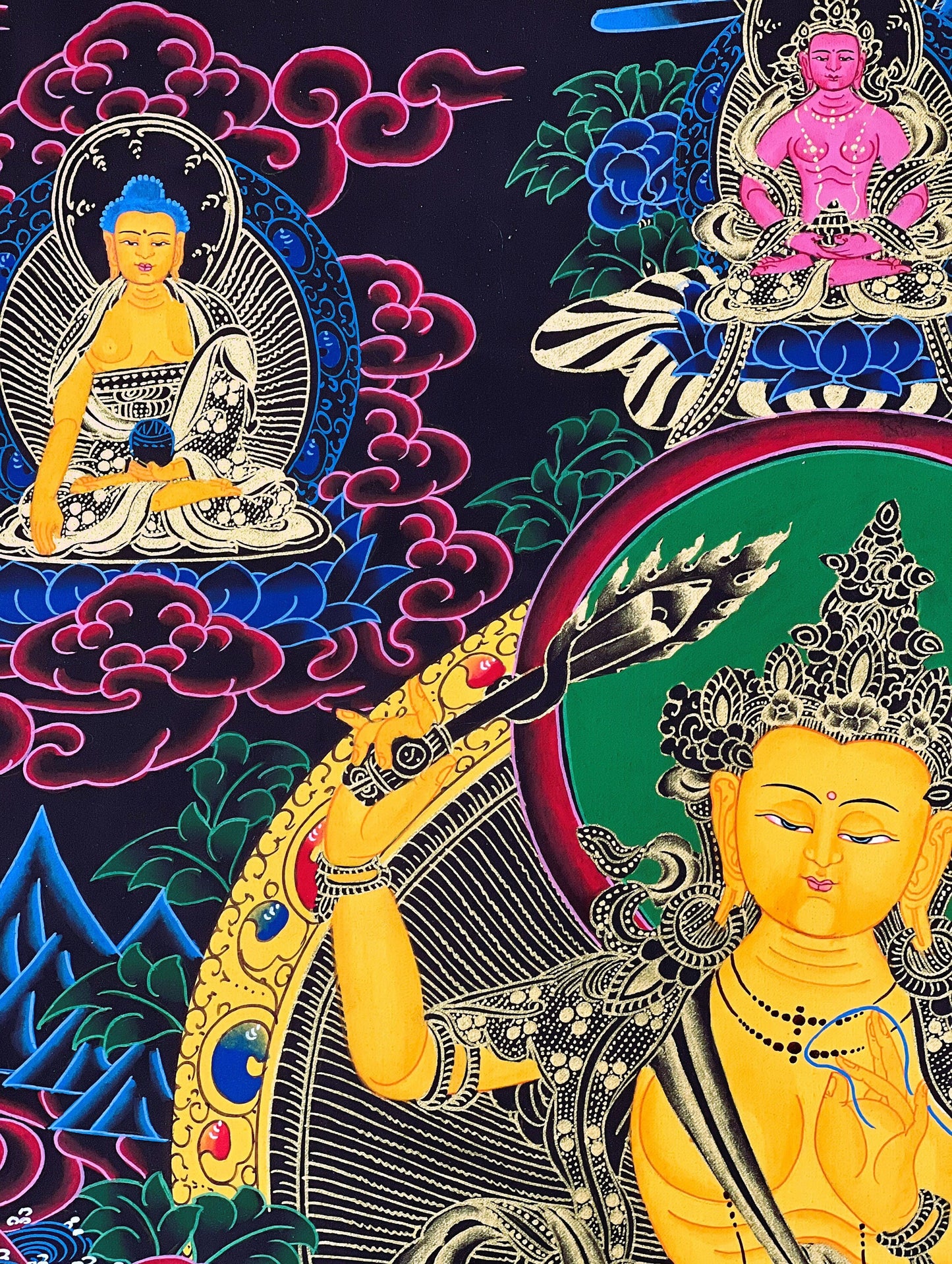 Original Hand Painted Manjushri / God Of Wisdom  Compassion / Meditation Wall Hanging Thangka / Painting with High-Quality Silk Brocade