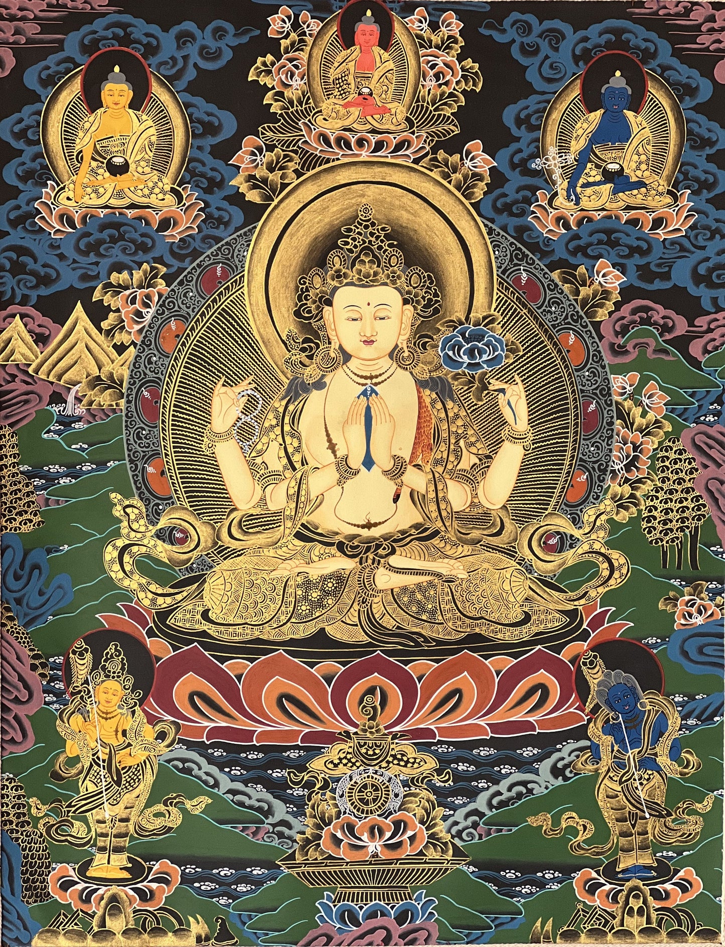 Original Hand-painted Avalokiteshvara/CHENREZIG/Compassion Buddha Master Quality Tibetan Meditation Thangka Painting with Narrow Border