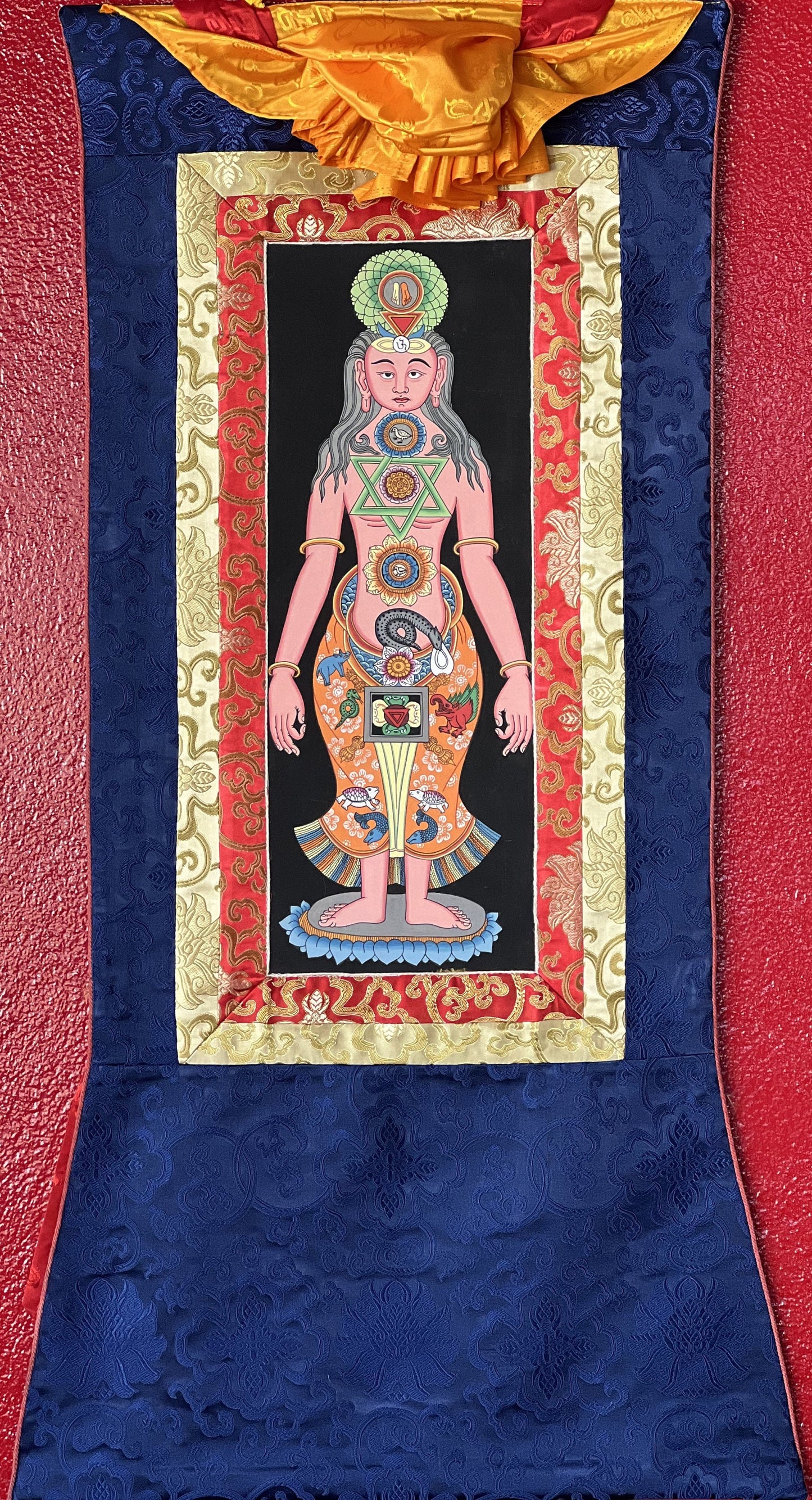 Original Hand-painted Female Face 7 Chakra Kundalini Healing Tibetan Thangka Panting with Silk Brocade