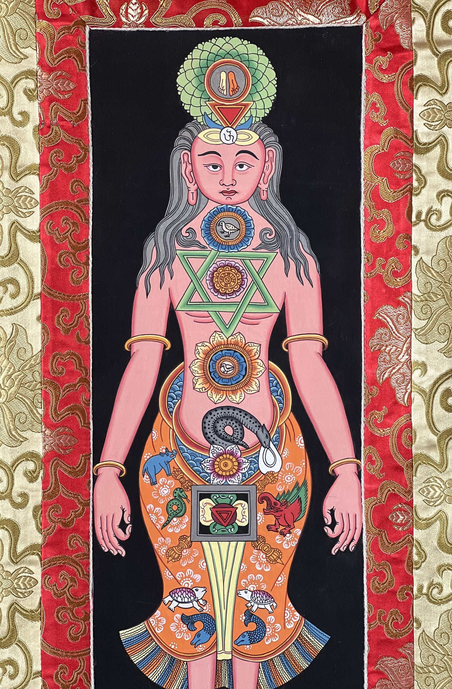 Original Hand-painted Female Face 7 Chakra Kundalini Healing Tibetan Thangka Panting with Silk Brocade