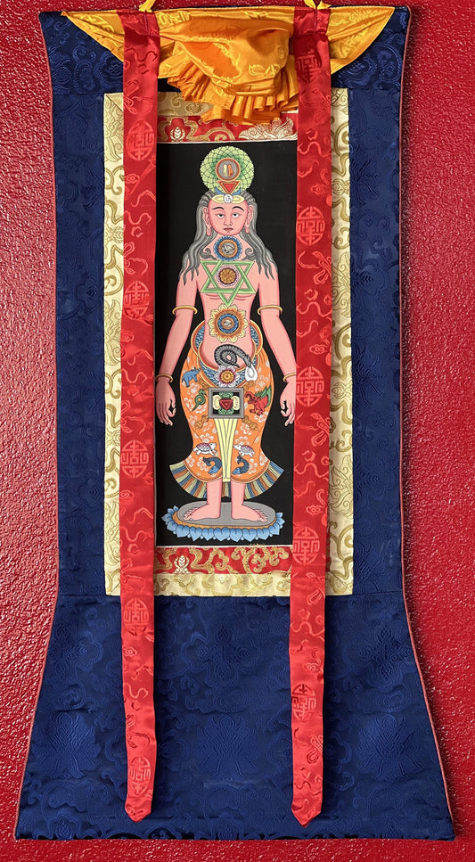 Original Hand-painted Female Face 7 Chakra Kundalini Healing Tibetan Thangka Panting with Silk Brocade