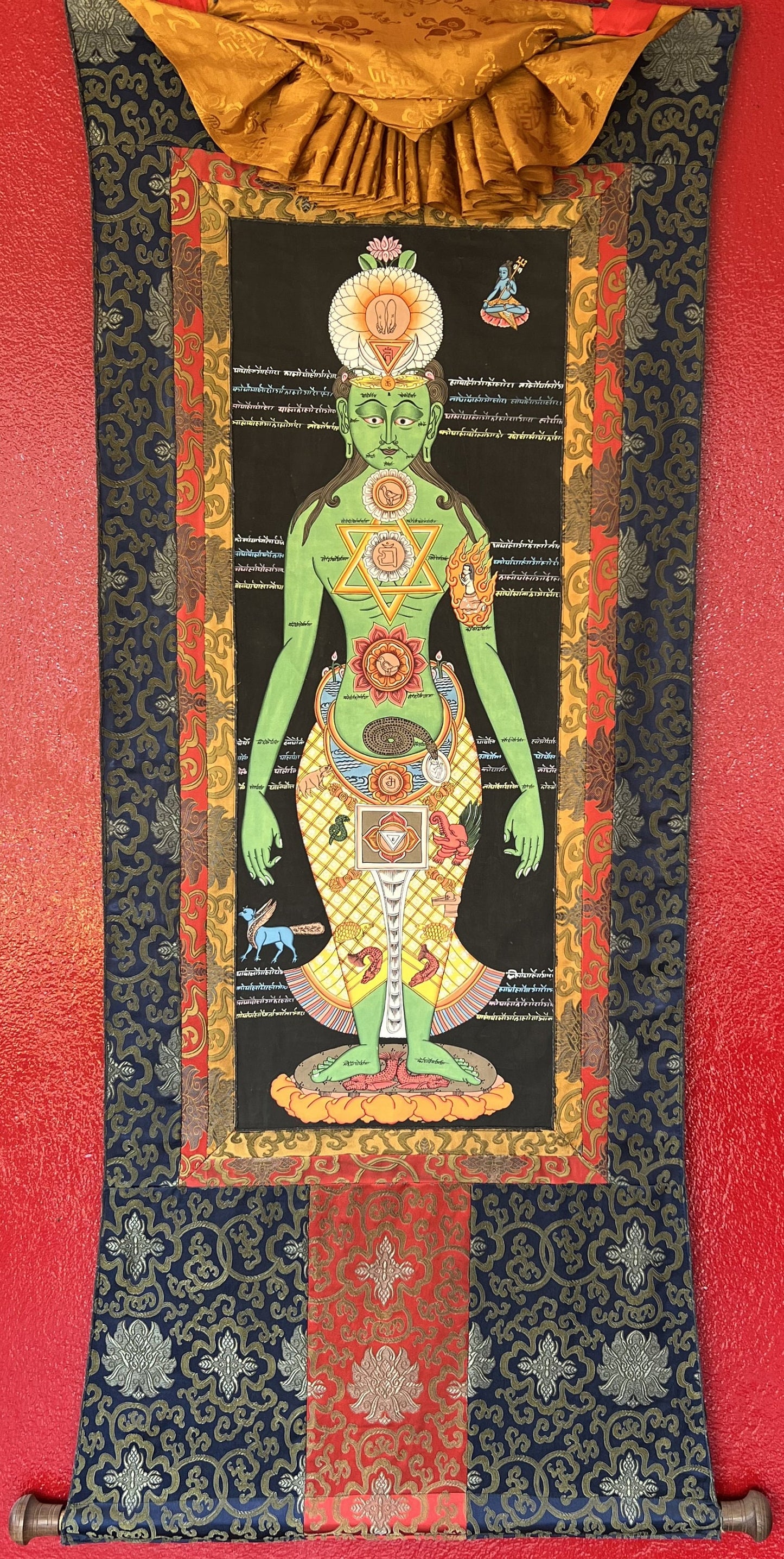 Original Hand-painted 7 Yogic Chakra/ Human Body Chakra Kundalini Healing Tibetan Thangka Panting with Silk Brocade