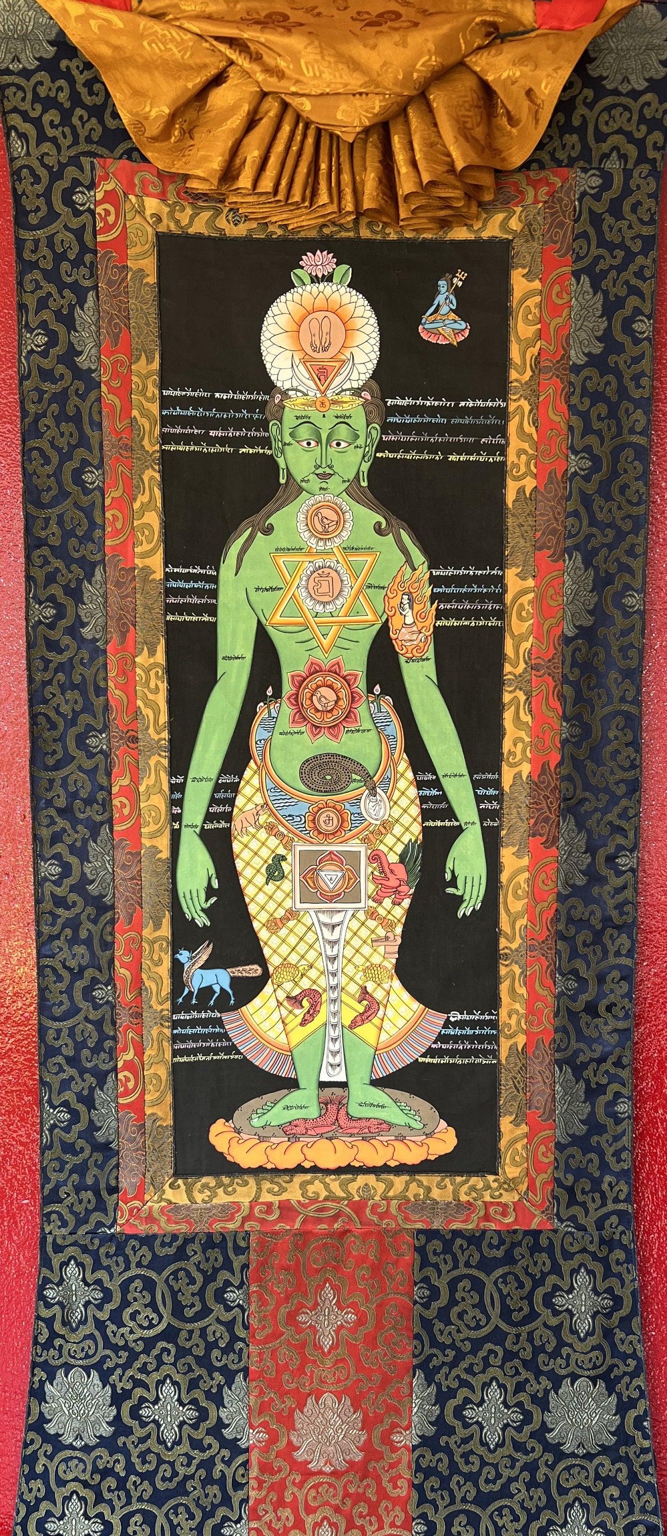 Original Hand-painted 7 Yogic Chakra/ Human Body Chakra Kundalini Healing Tibetan Thangka Panting with Silk Brocade