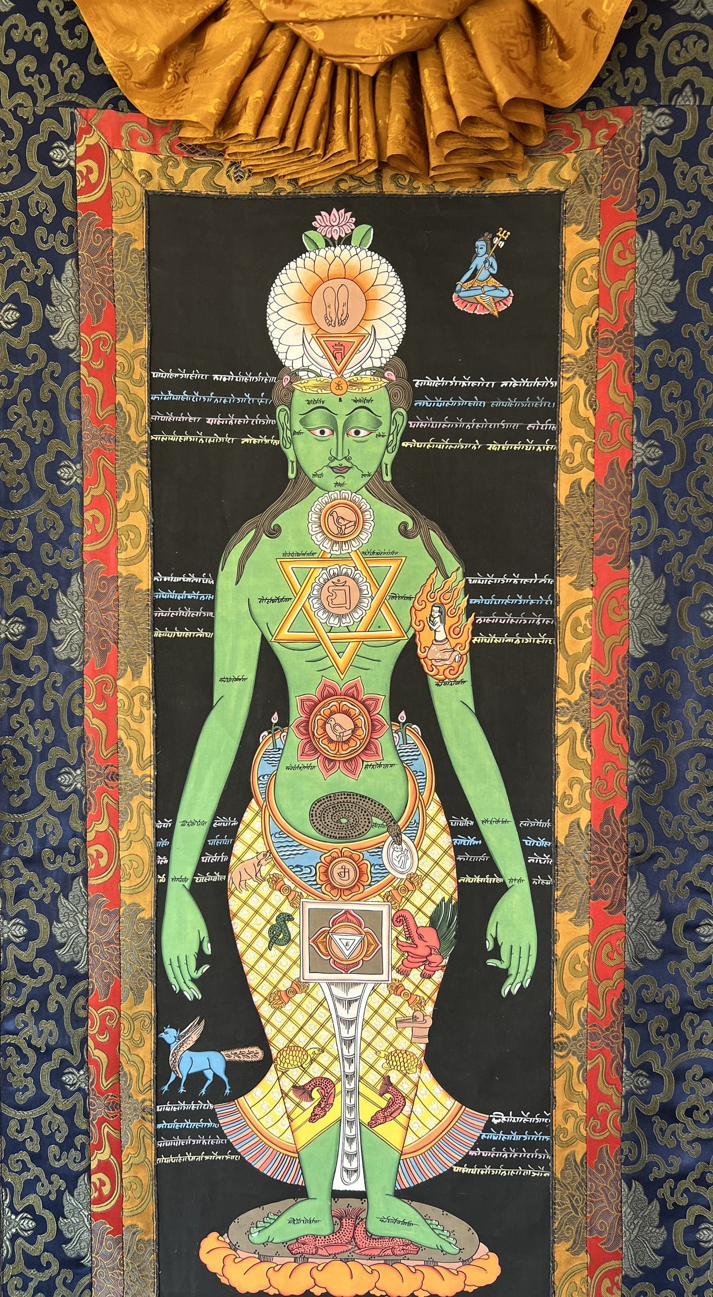 Original Hand-painted 7 Yogic Chakra/ Human Body Chakra Kundalini Healing Tibetan Thangka Panting with Silk Brocade