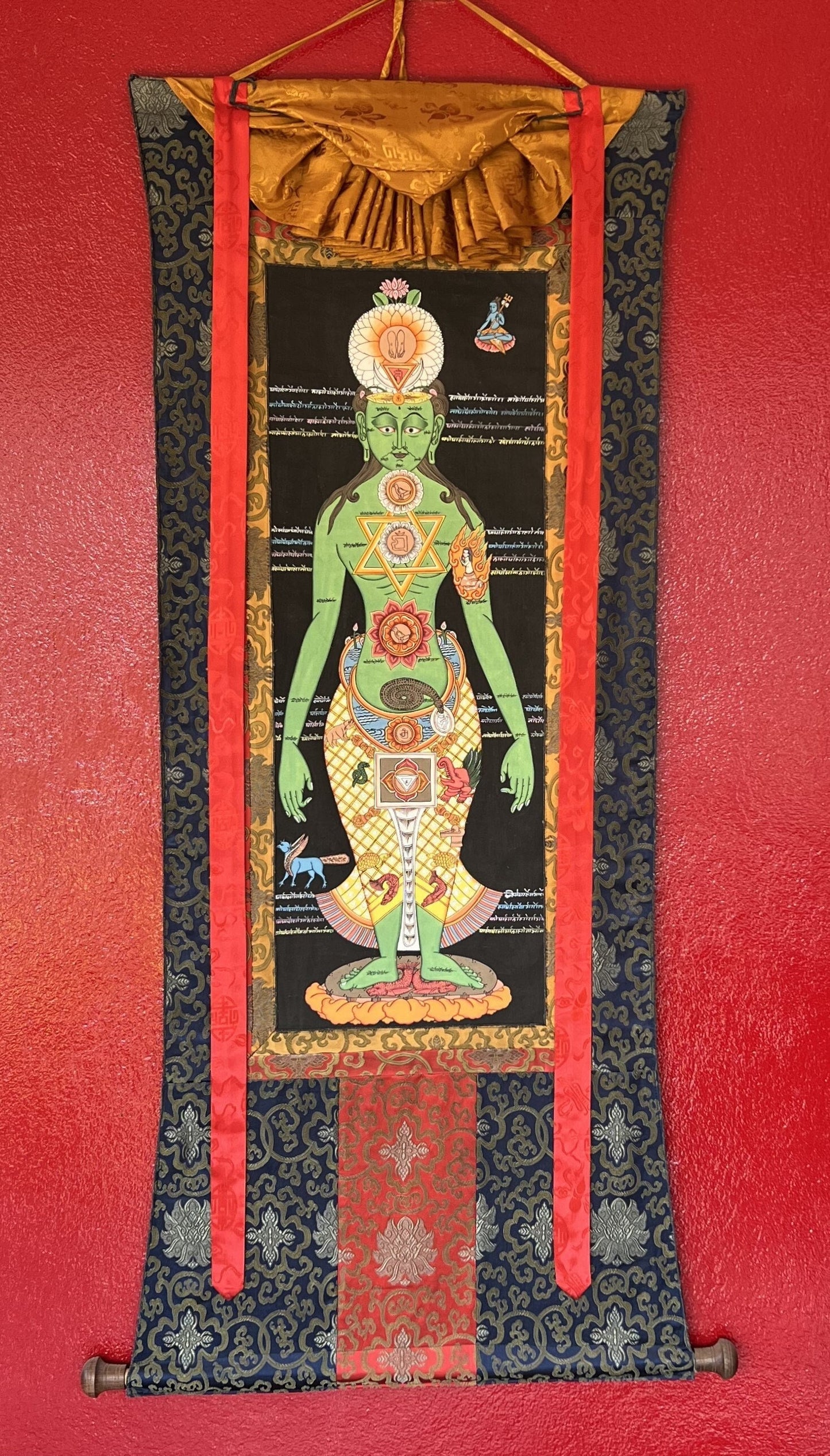 Original Hand-painted 7 Yogic Chakra/ Human Body Chakra Kundalini Healing Tibetan Thangka Panting with Silk Brocade