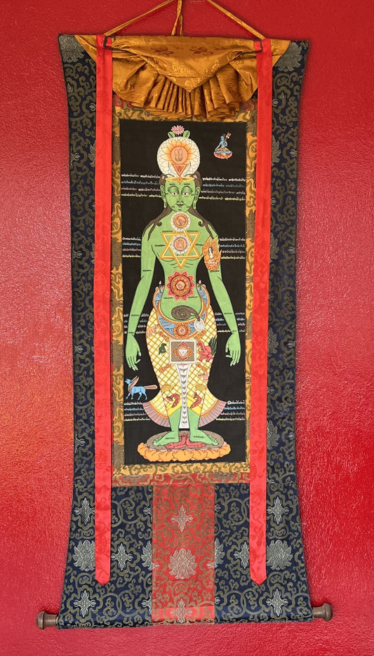 Original Hand-painted 7 Yogic Chakra/ Human Body Chakra Kundalini Healing Tibetan Thangka Panting with Silk Brocade