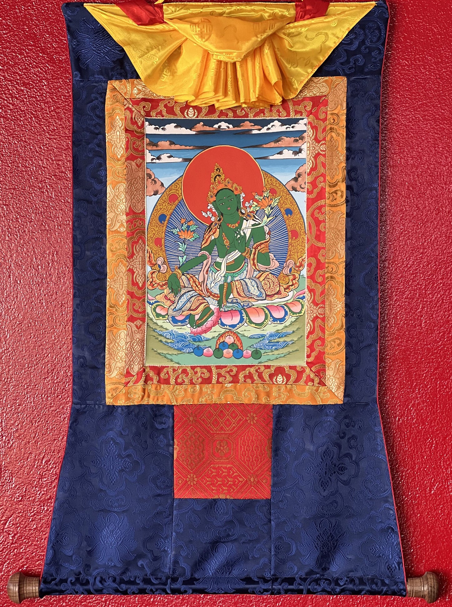 Original Hand-painted Green Tara/ Mothher Tara Tibetan Thangka Painting/Compassion Meditation Art with Silk Brocade