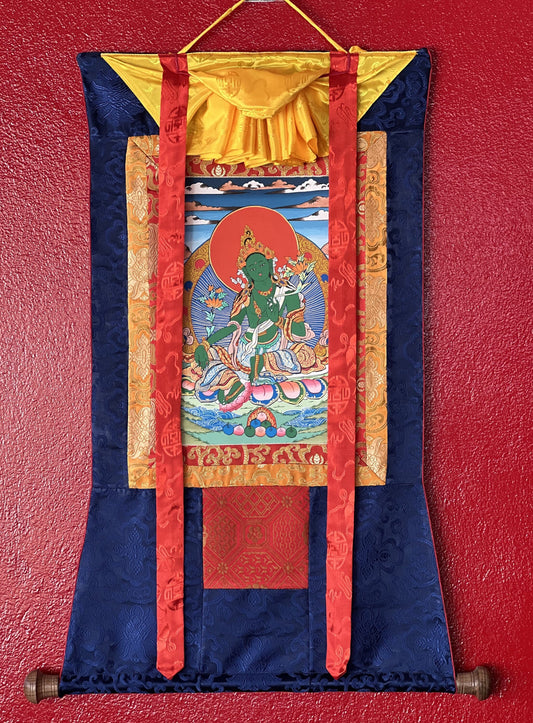 Original Hand-painted Green Tara/ Mothher Tara Tibetan Thangka Painting/Compassion Meditation Art with Silk Brocade