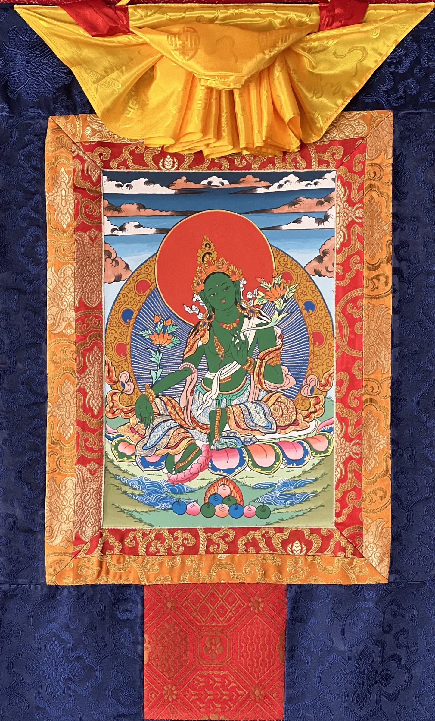 Original Hand-painted Green Tara/ Mothher Tara Tibetan Thangka Painting/Compassion Meditation Art with Silk Brocade