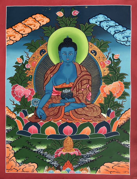 Original Hand Painted Medicine Buddha / Bhaisajyaguru Masterpiece Tibetan Thangka / Thanka Painting Compassion Meditation Art From Nepal