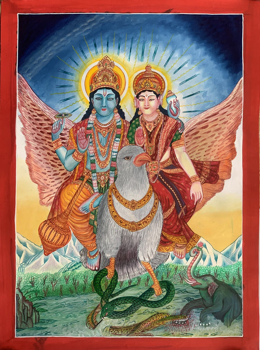 Hand-painted Original Lakshmi Narayana ( Vishnu) Divine Couple Riding on Garuda Newari Paubha/Pauva /Thanka  / Thangka Painting From Nepal