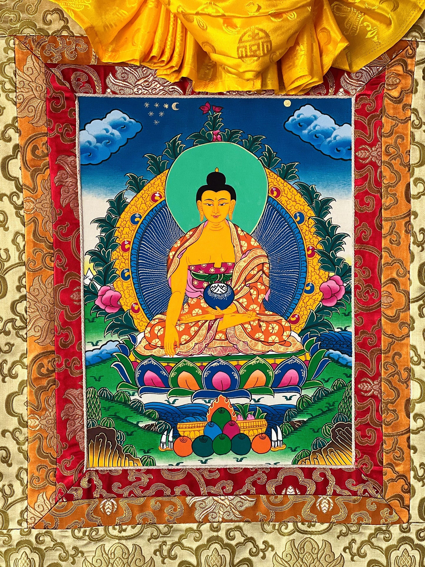 Hand-painted, Shakyamuni, Gautama, Buddha, Tibetan Thangka Painting with Silk Brocade