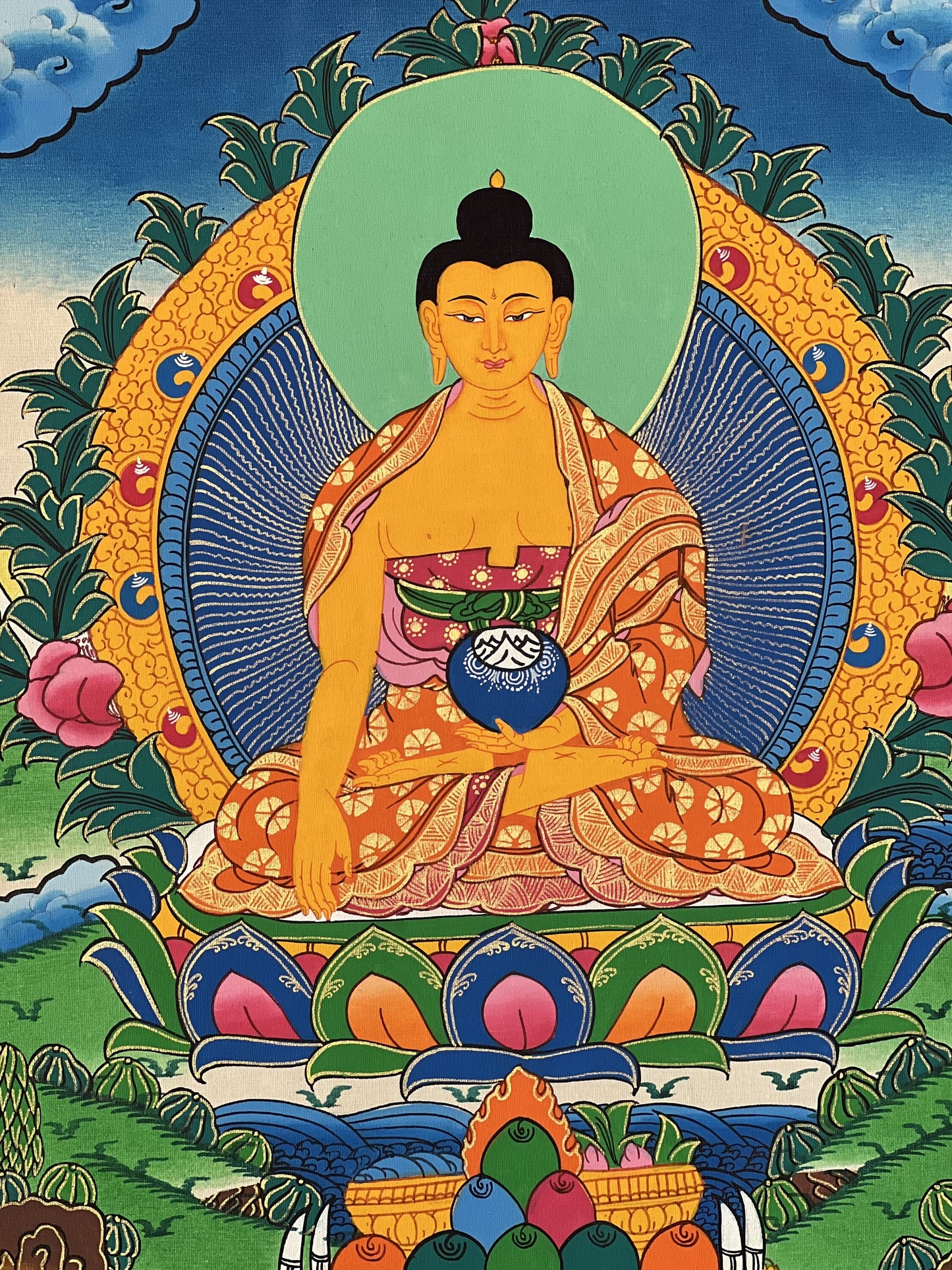 Hand-painted, Shakyamuni, Gautama, Buddha, Tibetan Thangka Painting with Silk Brocade