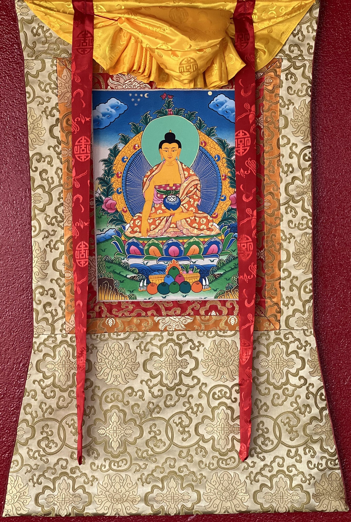 Hand-painted, Shakyamuni, Gautama, Buddha, Tibetan Thangka Painting with Silk Brocade