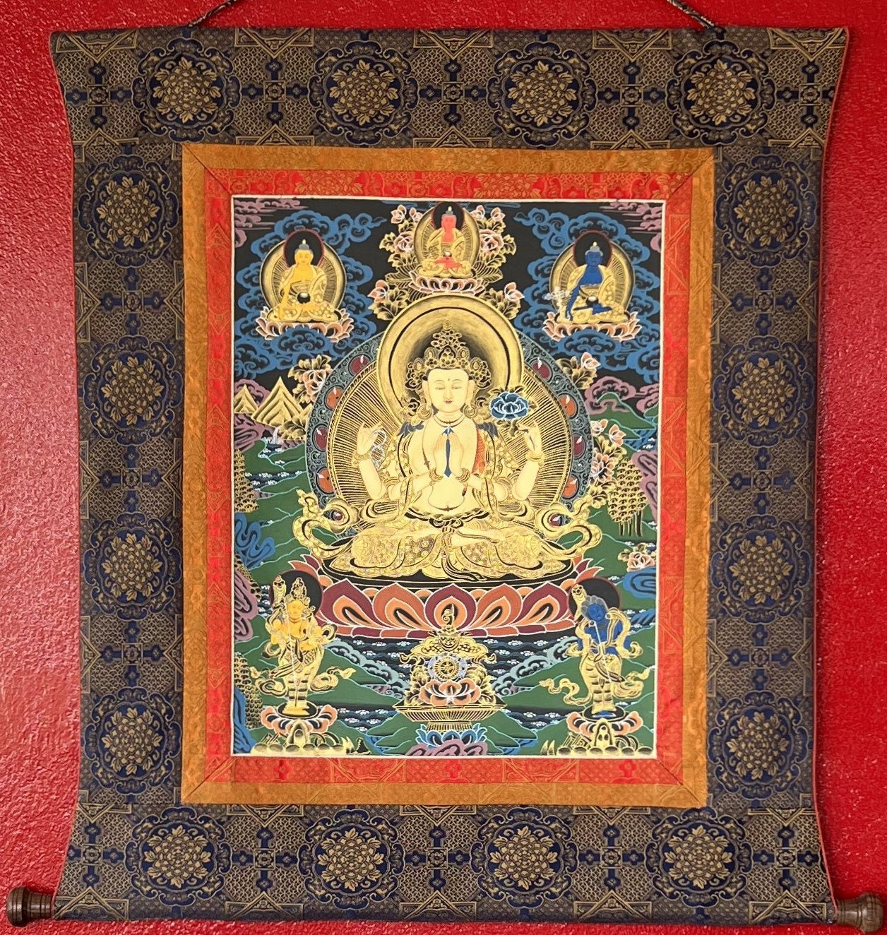 Original Hand-painted Avalokiteshvara/CHENREZIG/Compassion Buddha Master Quality Tibetan Meditation Thangka Painting with Narrow Border