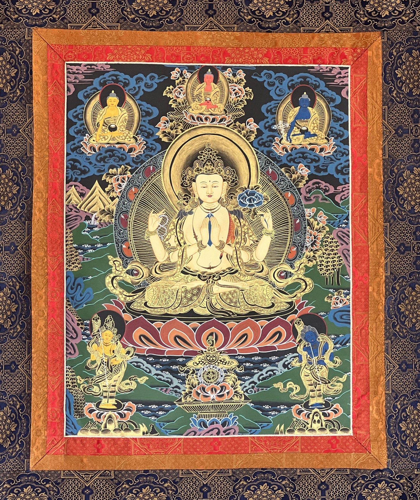 Original Hand-painted Avalokiteshvara/CHENREZIG/Compassion Buddha Master Quality Tibetan Meditation Thangka Painting with Narrow Border