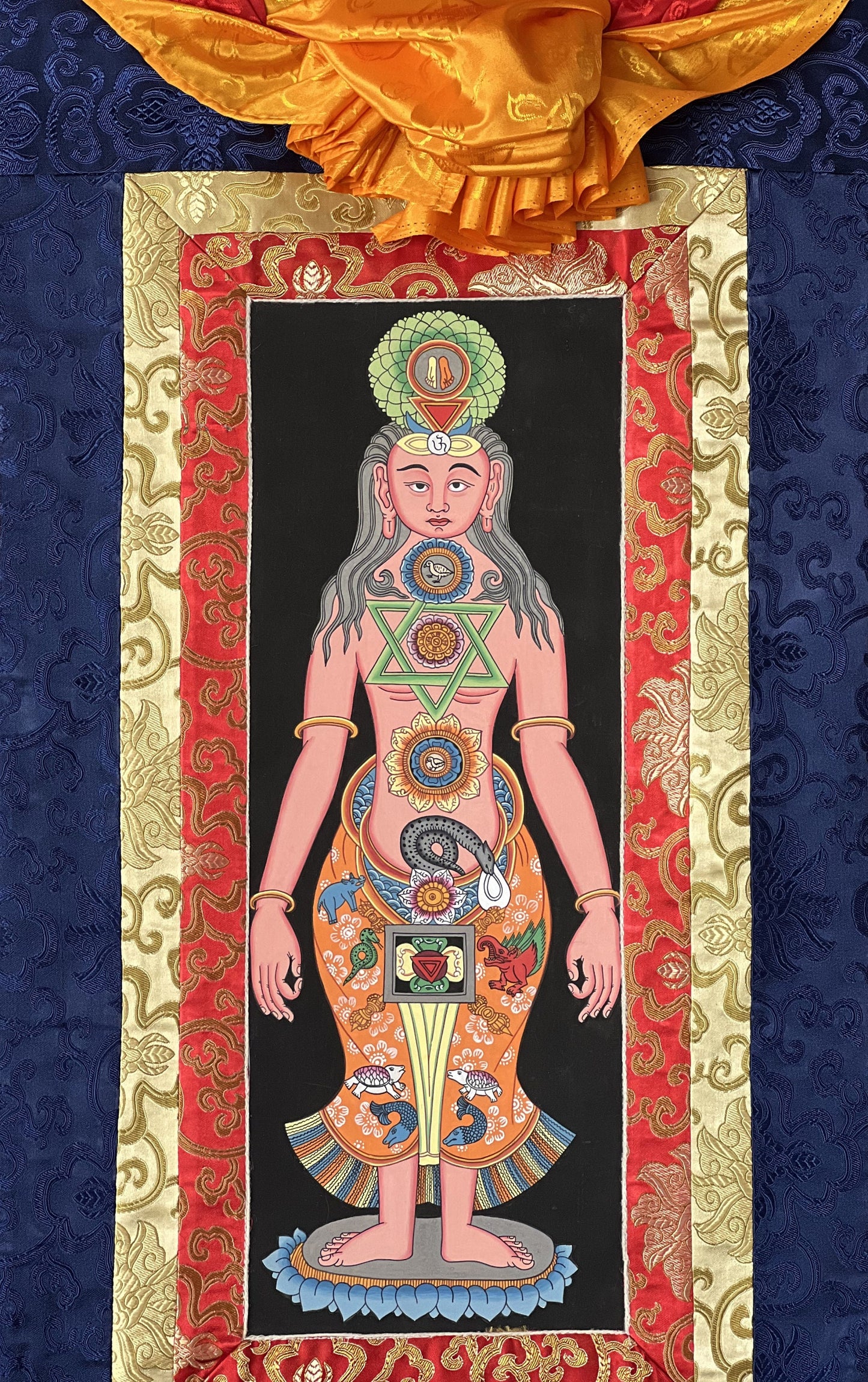 Original Hand-painted Female Face 7 Chakra Kundalini Healing Tibetan Thangka Panting with Silk Brocade