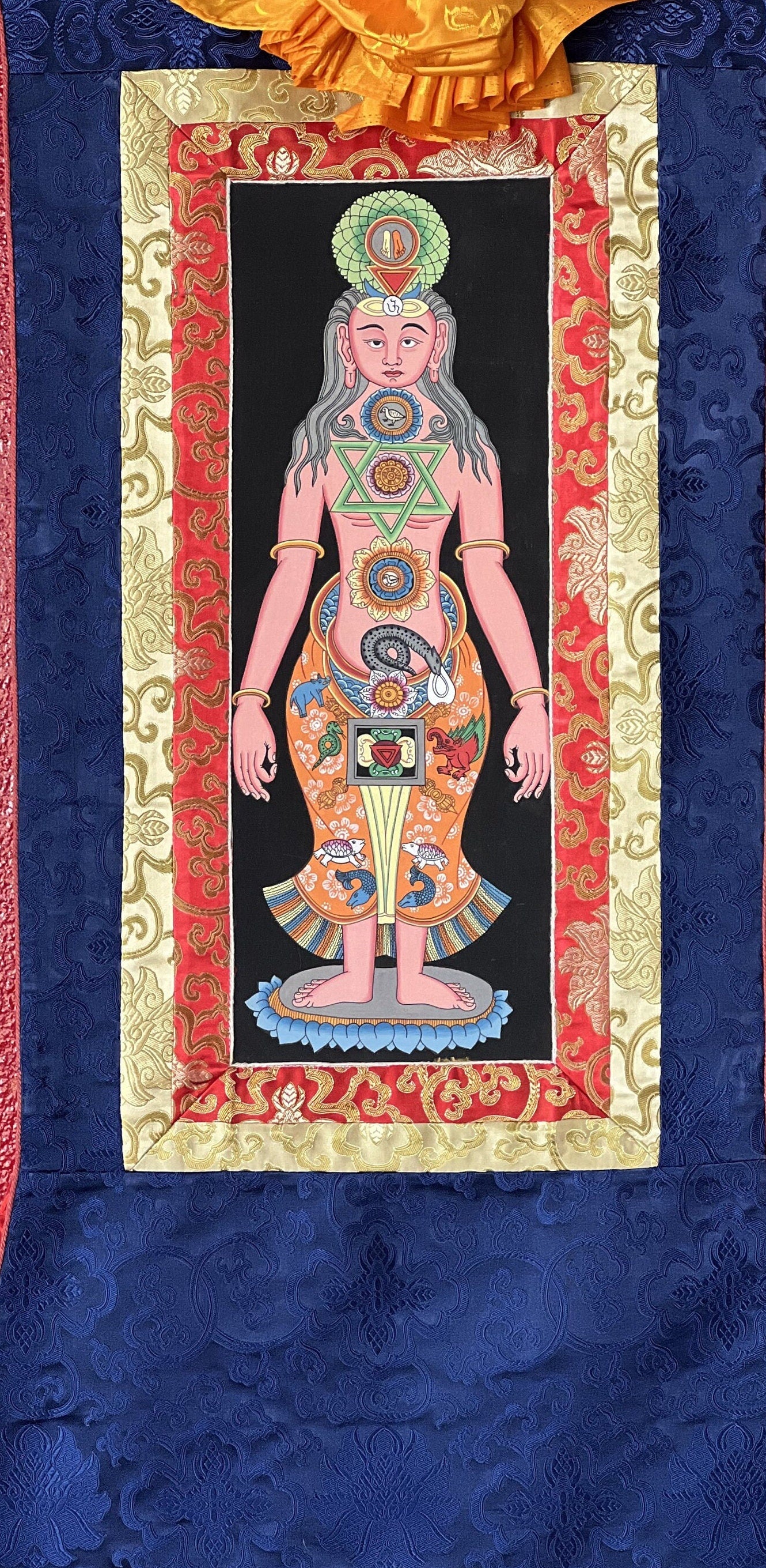 Original Hand-painted Female Face 7 Chakra Kundalini Healing Tibetan Thangka Panting with Silk Brocade