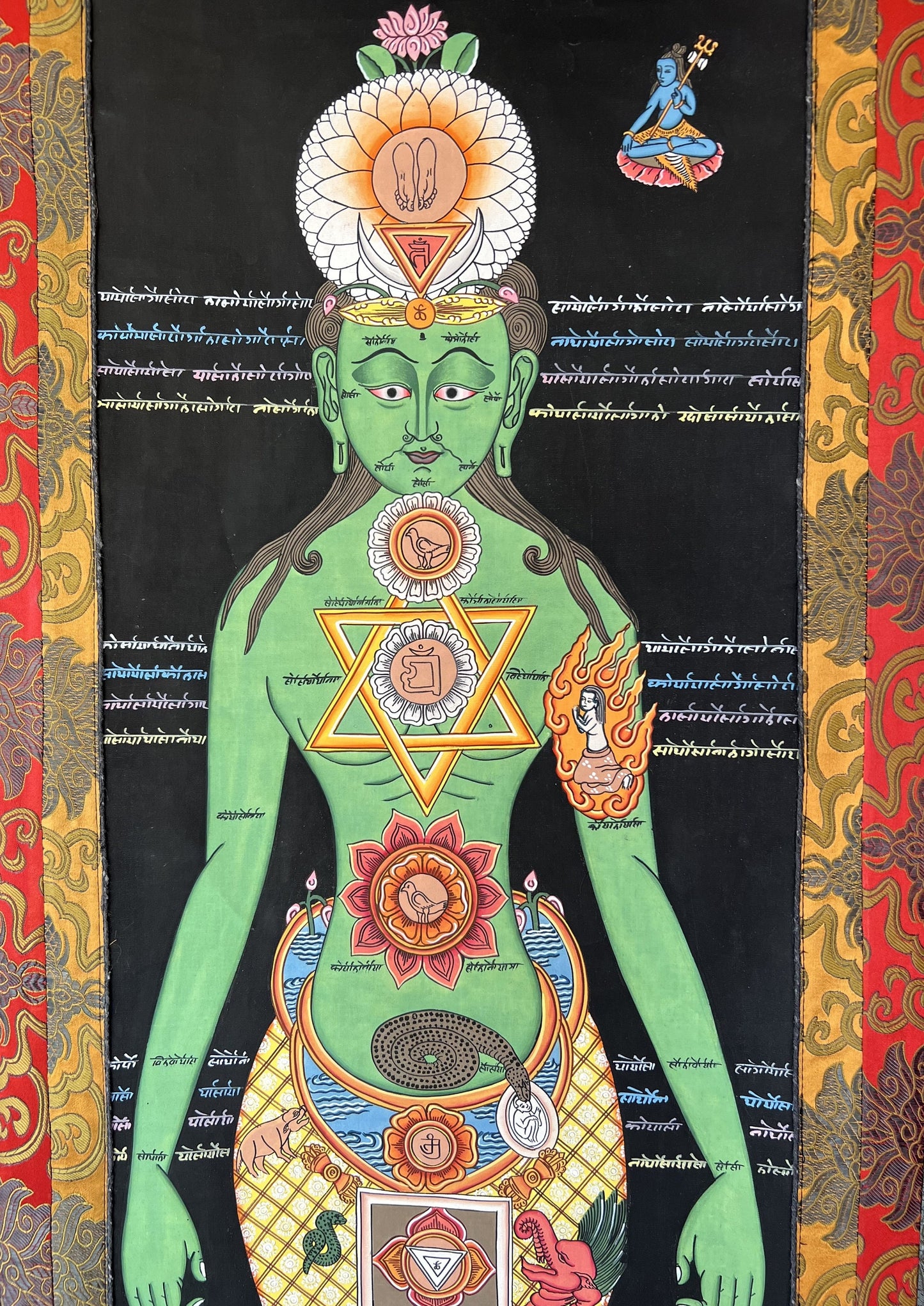 Original Hand-painted 7 Yogic Chakra/ Human Body Chakra Kundalini Healing Tibetan Thangka Panting with Silk Brocade