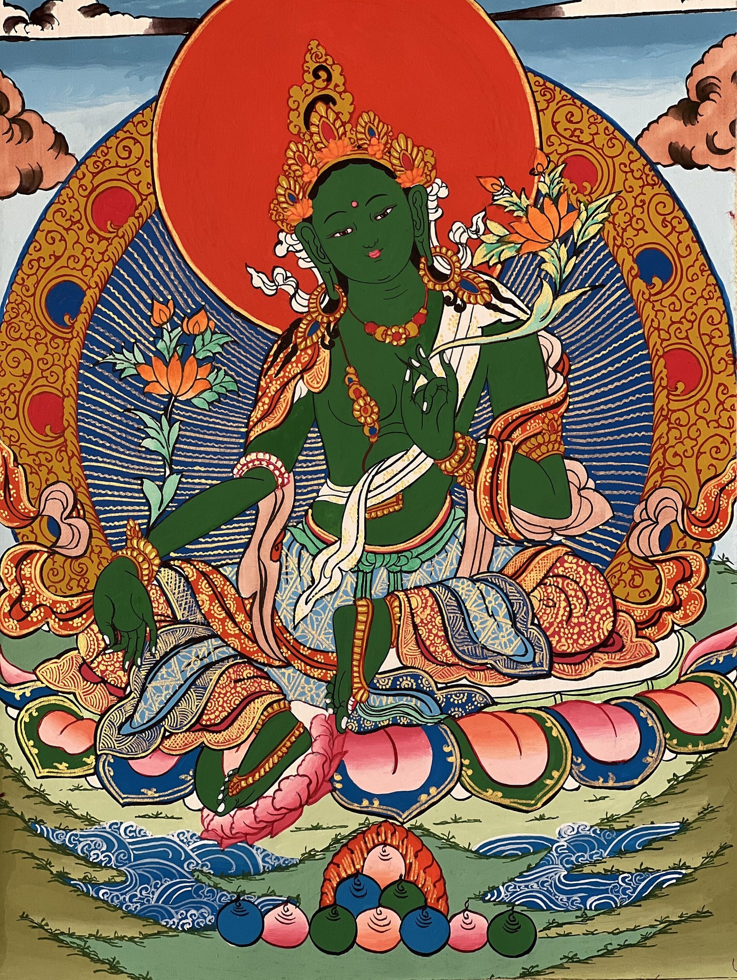 Original Hand-painted Green Tara/ Mothher Tara Tibetan Thangka Painting/Compassion Meditation Art with Silk Brocade