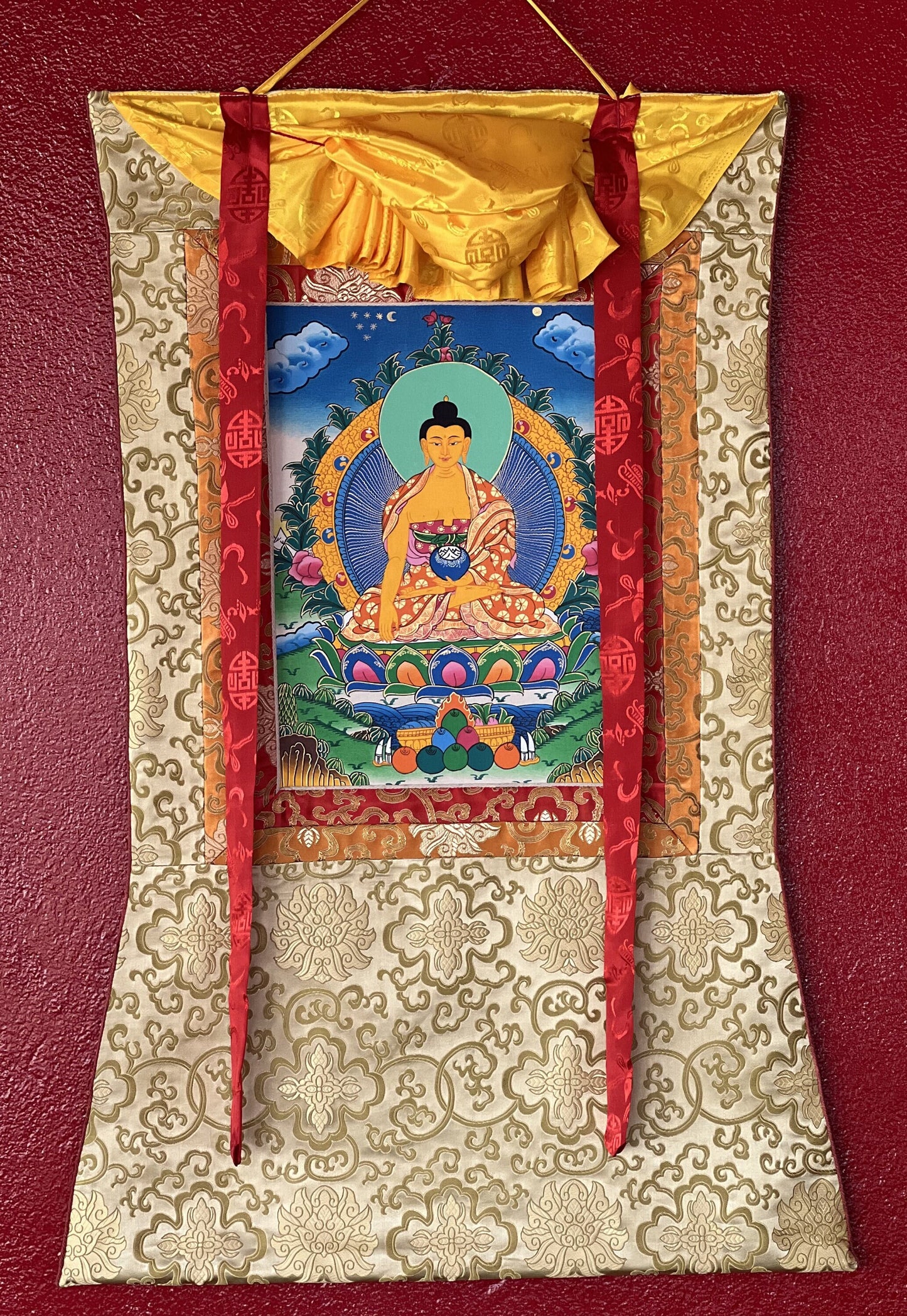 Hand-painted, Shakyamuni, Gautama, Buddha, Tibetan Thangka Painting with Silk Brocade