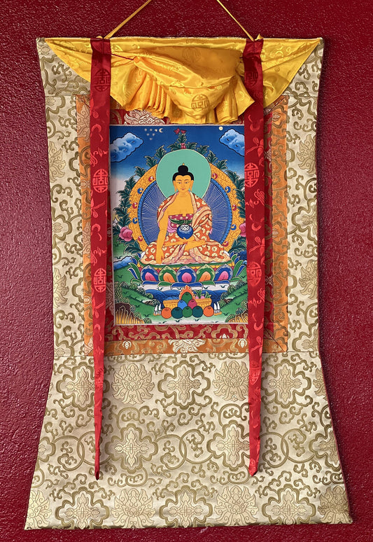 Hand-painted, Shakyamuni, Gautama, Buddha, Tibetan Thangka Painting with Silk Brocade