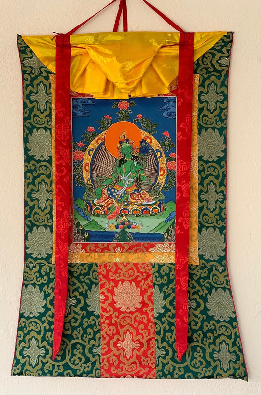 Original Hand-painted Green Tara Mother Tara Tibetan  Compassion Meditation Thangka Painting with Silk Brocade