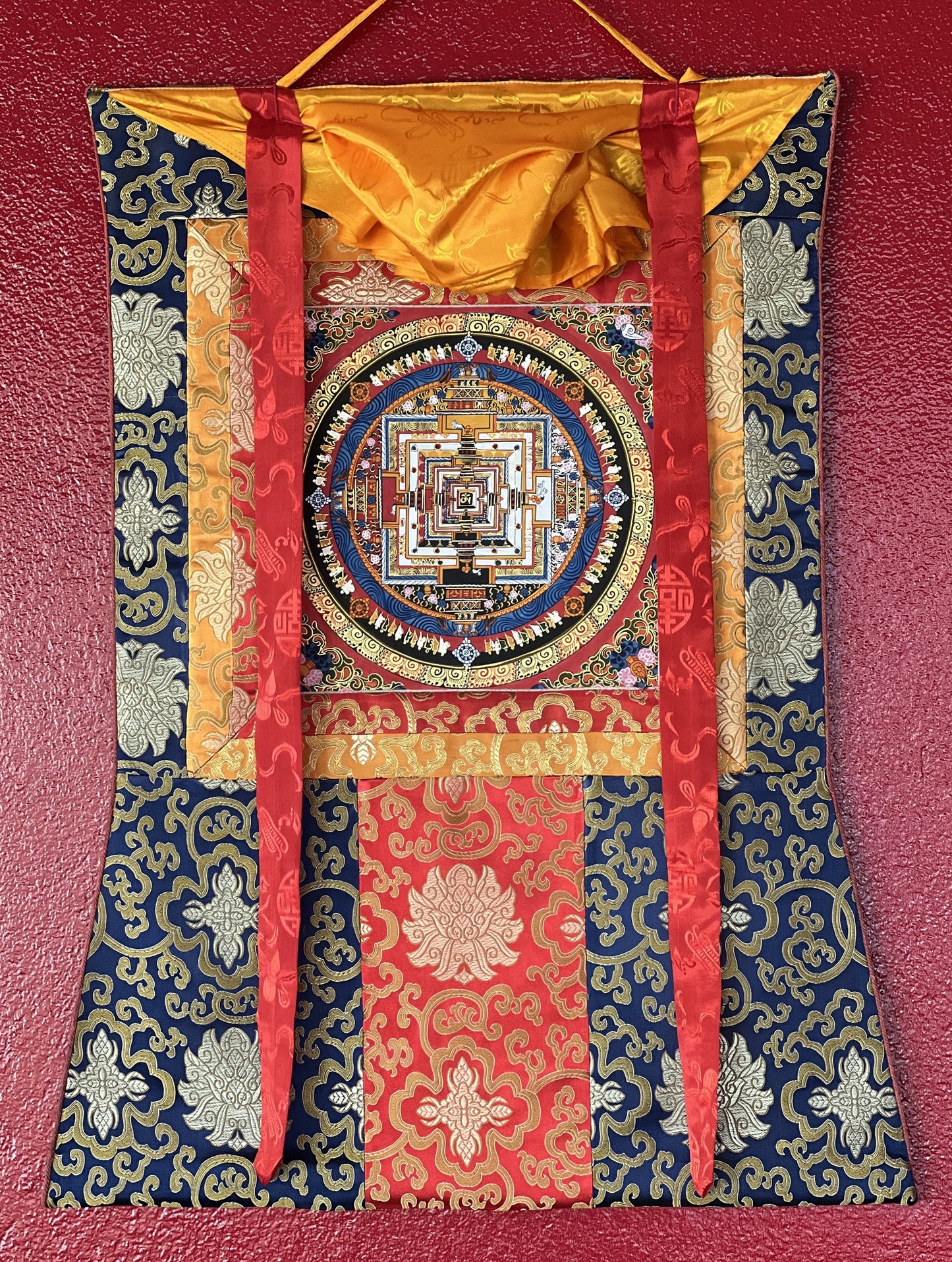 Original Hand-painted Kalachakra/Wheel of Life Mandala Tibetan Thangka Art with matching Tibetan Silk Brocade