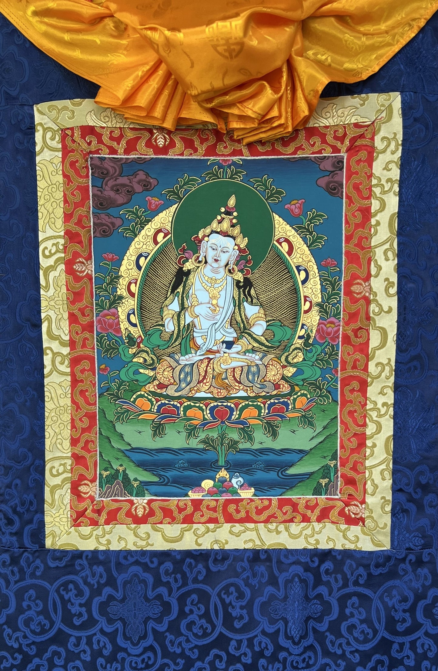 Hand-painted Original Vajrasattva/ Dhyani Buddha/ Purification Buddha Master Quality Tibetan Thangka  Painting with Silk Brocade