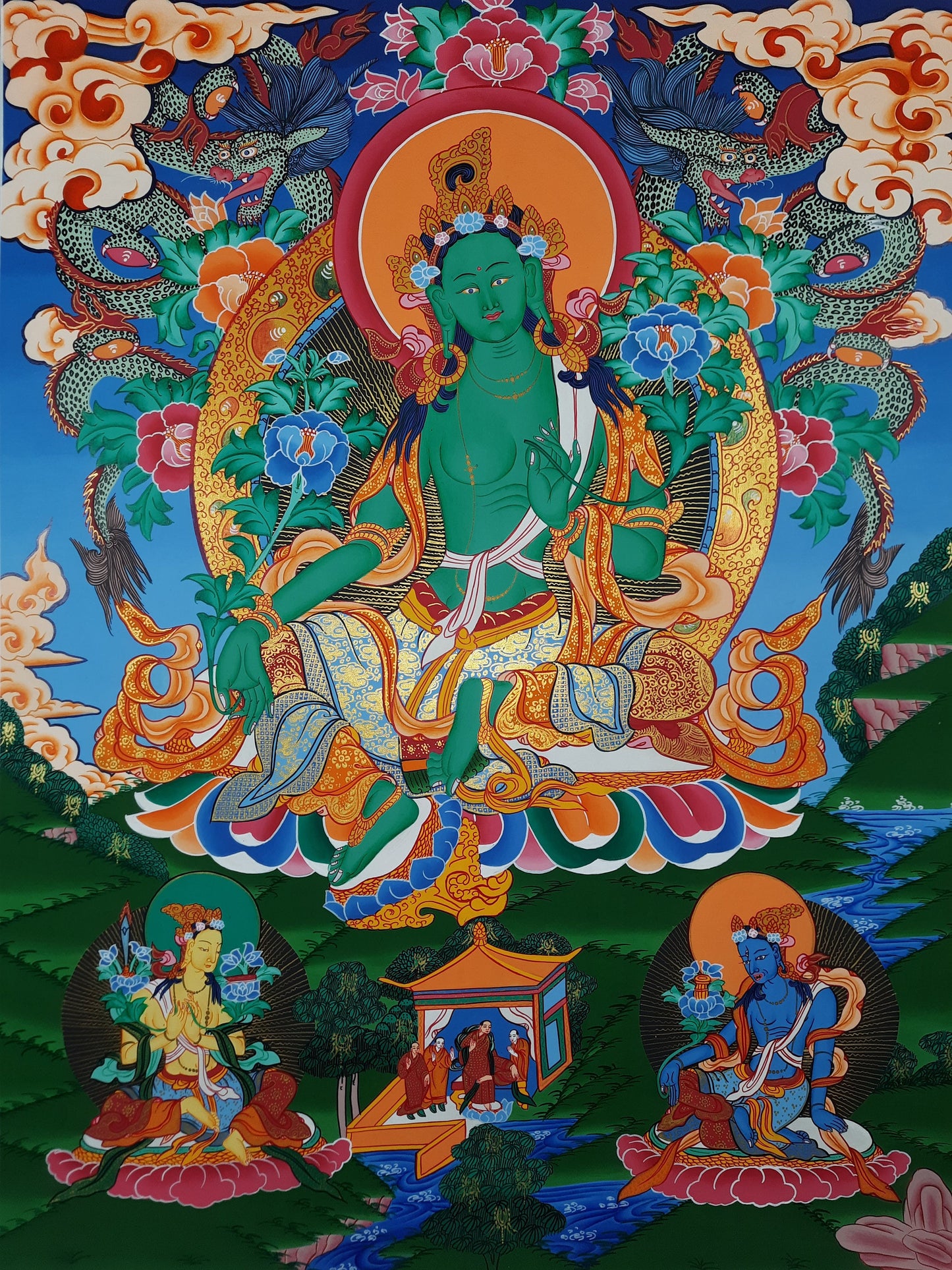 Hand painted Original Green Tara Female Buddha Gold Masterpiece Tibetan Thangka /Thanka Painting/Wall Hanging  From Nepal