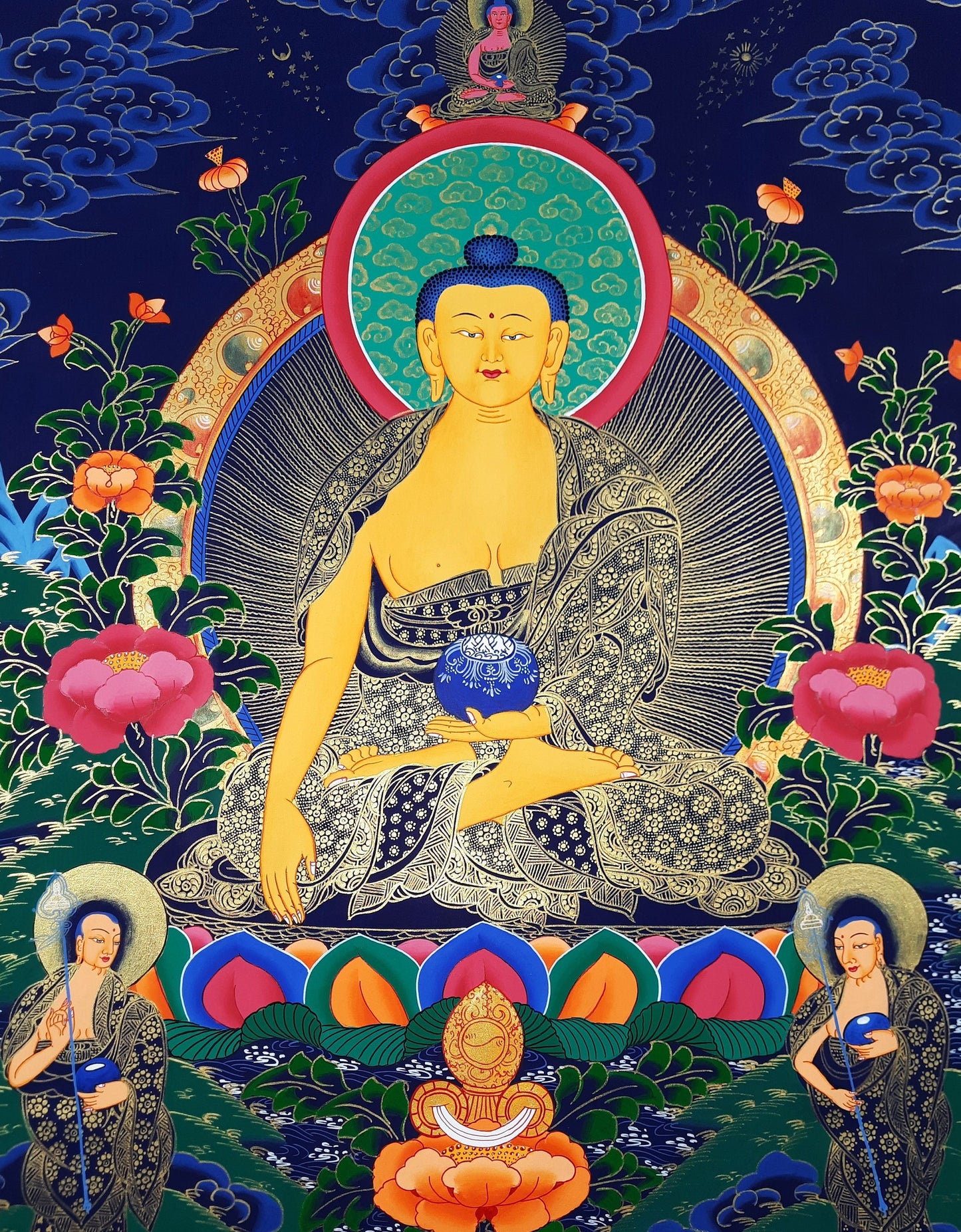 Original Hand Painted Shakyamuni Buddha / Gautama  With Disciples  Fine Work  Tibetan Wall Hanging mediation Painting Thangka / Thanka