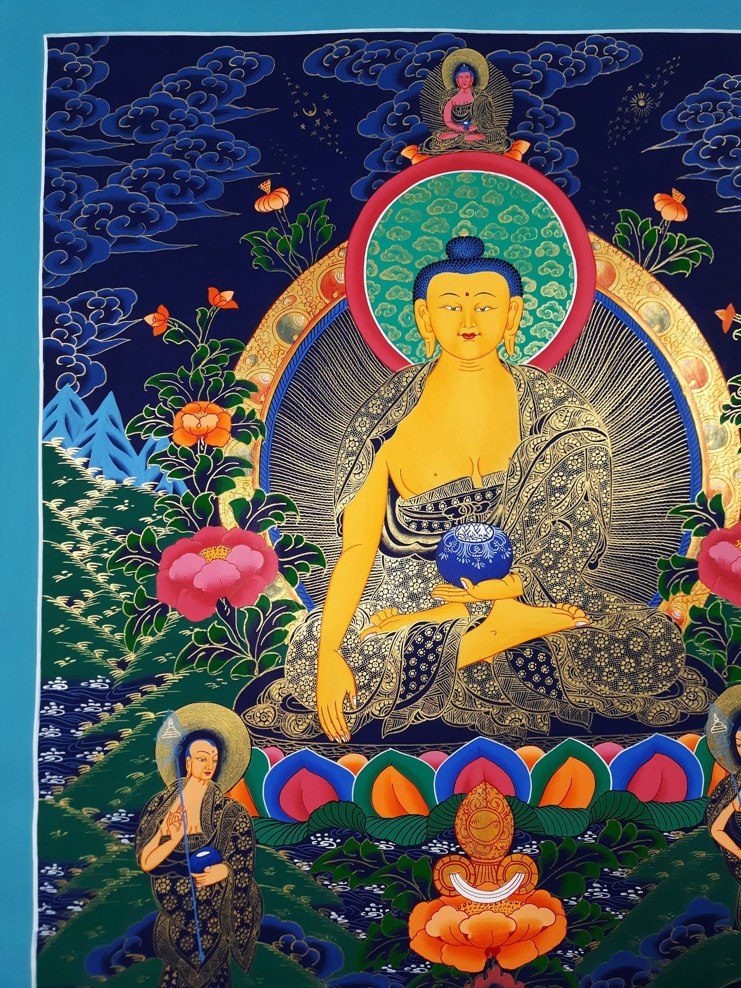 Original Hand Painted Shakyamuni Buddha / Gautama  With Disciples  Fine Work  Tibetan Wall Hanging mediation Painting Thangka / Thanka