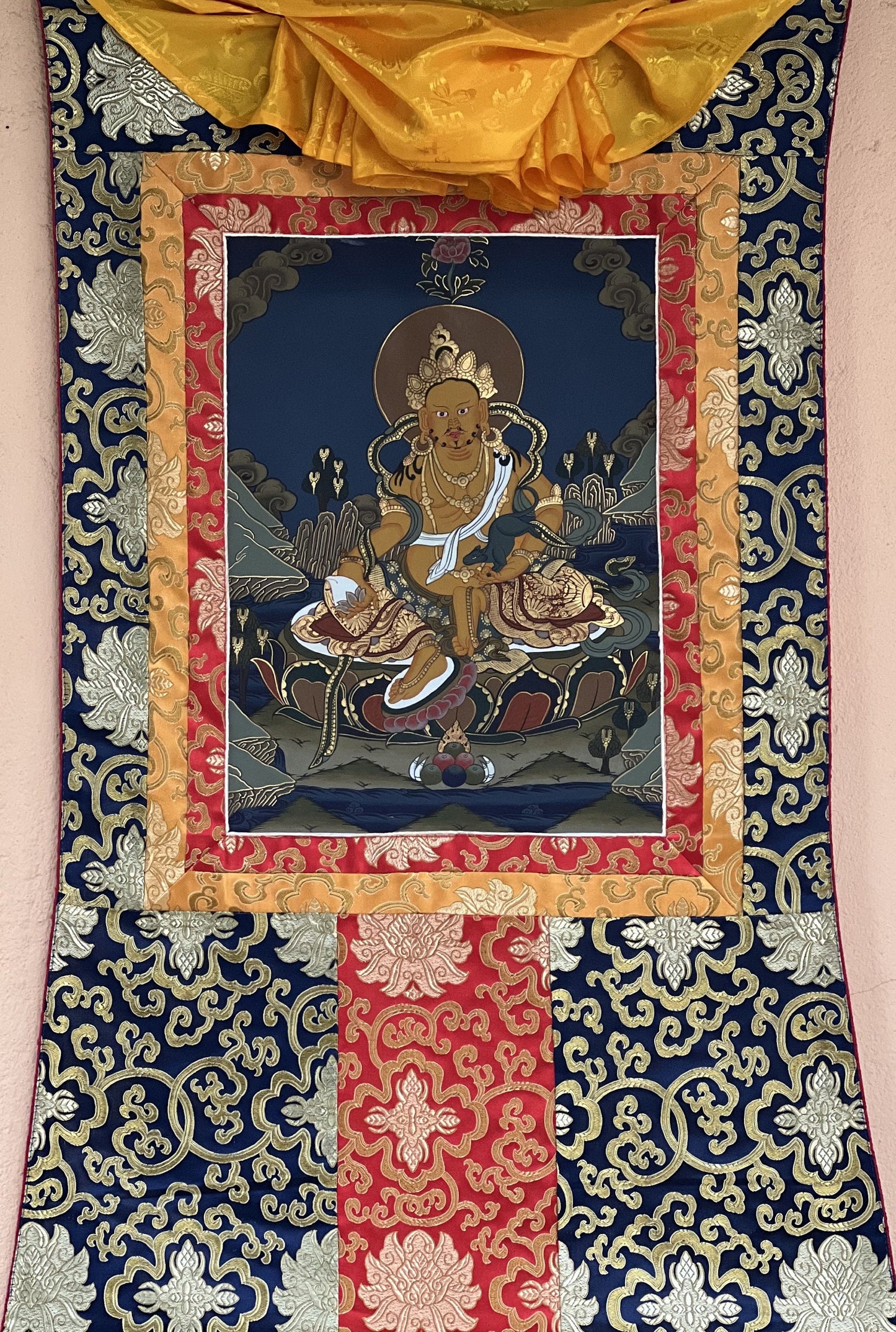 Original Hand Painted Jambala/Jambhala/Kubera  God Of Wealth Tibetan Compassion / Meditation Thangka / Thanka  Painting with Silk Brocade