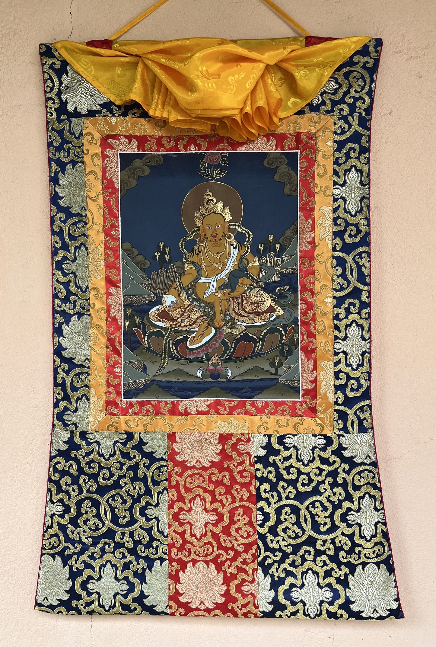 Original Hand Painted Jambala/Jambhala/Kubera  God Of Wealth Tibetan Compassion / Meditation Thangka / Thanka  Painting with Silk Brocade