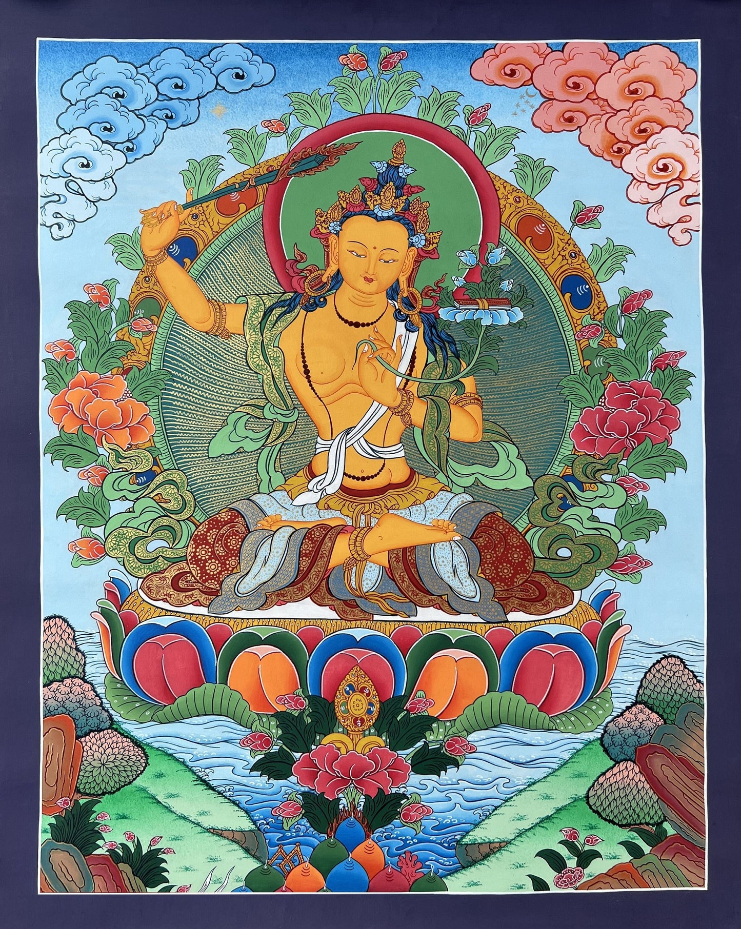 Original Hand Painted Manjushri / JAMPELYANG / God Of Wisodm  Compassion / Meditation Wall hanging Thangka / Thanka Painting From Nepal