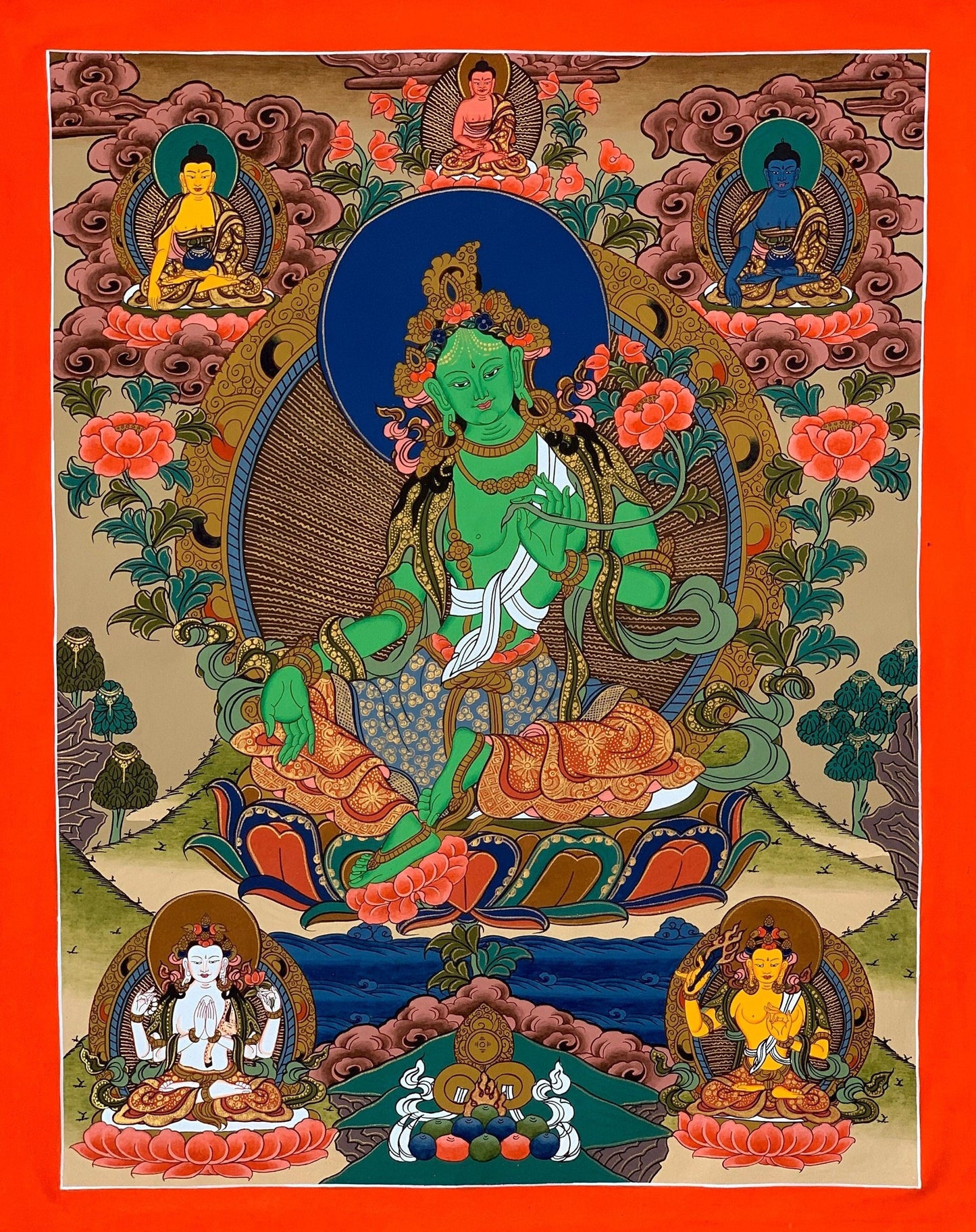 Original Hand-painted Green Tara, Goddess of Fortune, Tibetan Thangka Painting Compassion Meditation Art