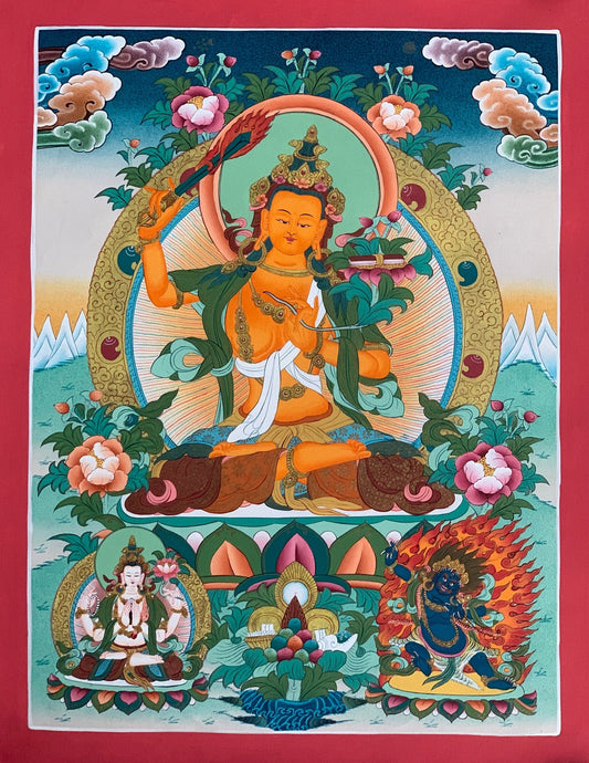 Hand-painted, Manjushri, Jampalyang, God of Divine wisdom, Master Quality, Thangka Painting