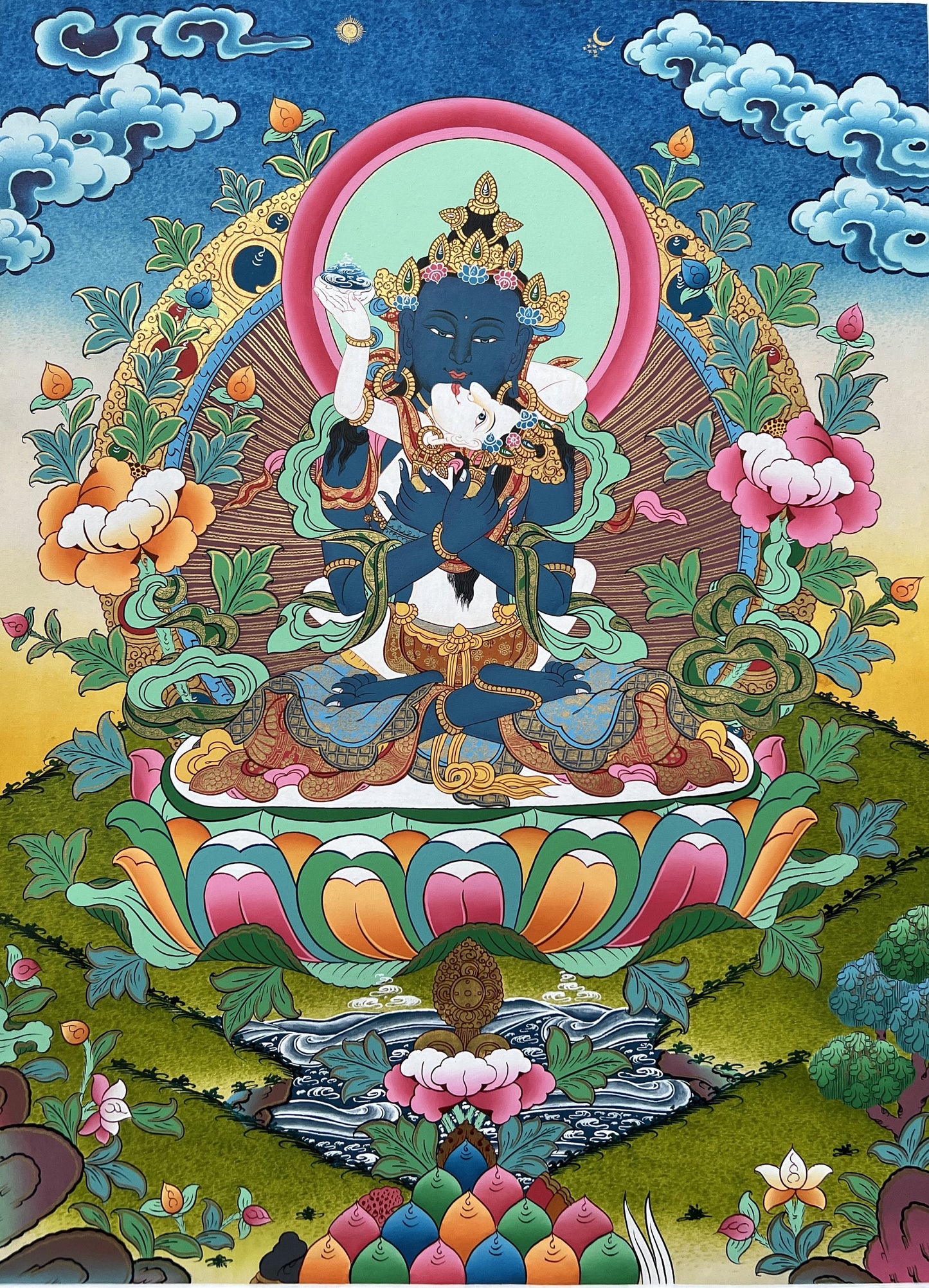 Hand-painted Prime Buddha Vajradhara Union (YabYum) with Shakti Prajnaparamita Original Tibetan Thangka Painting/ Meditation/Tantra Art