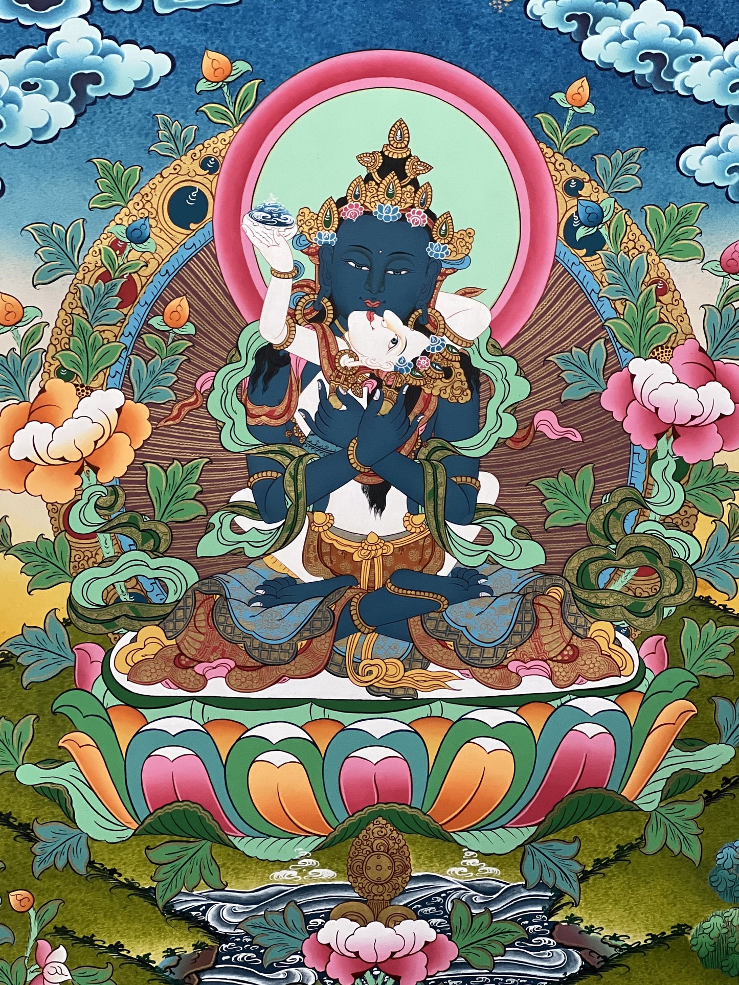 Hand-painted Prime Buddha Vajradhara Union (YabYum) with Shakti Prajnaparamita Original Tibetan Thangka Painting/ Meditation/Tantra Art