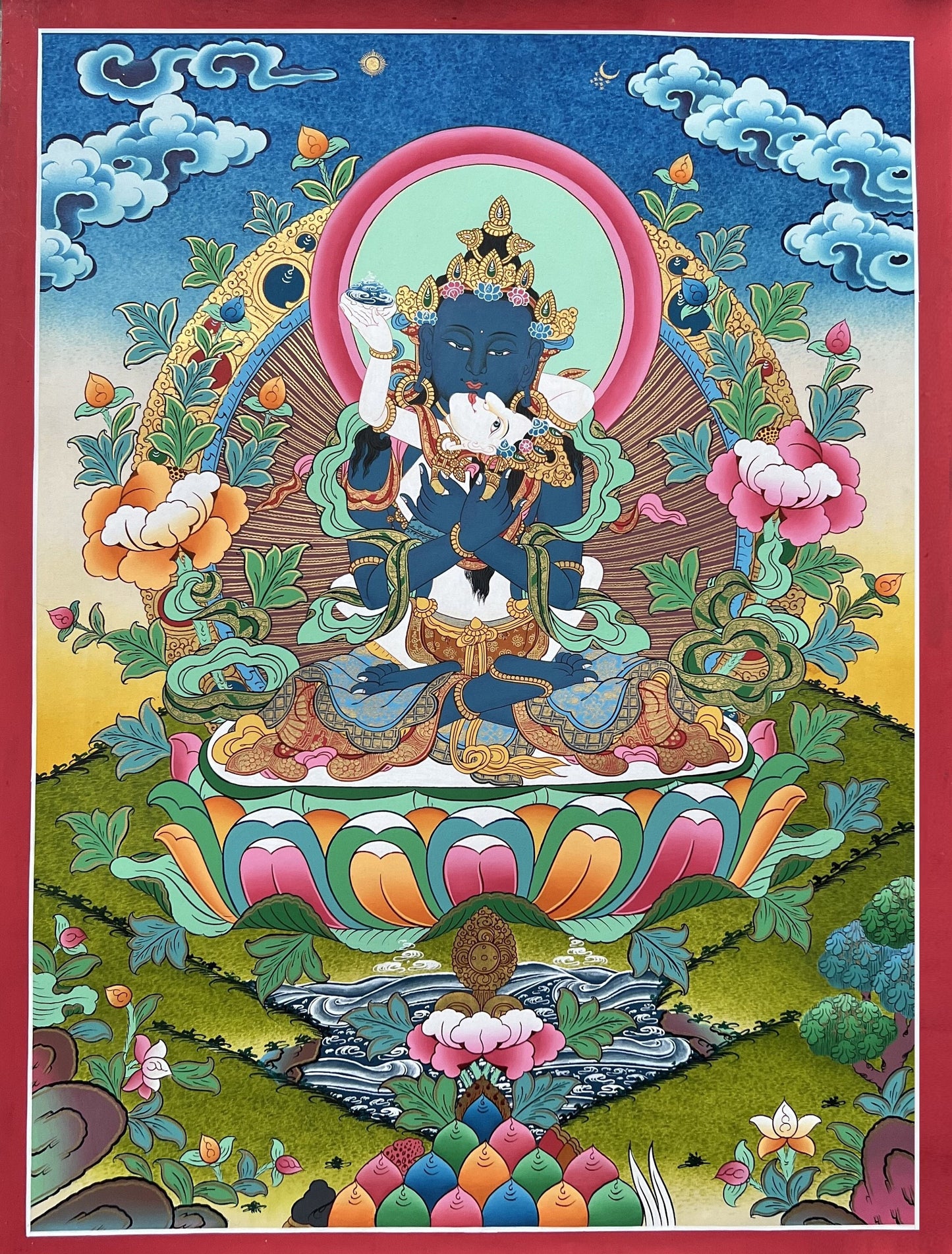 Hand-painted Prime Buddha Vajradhara Union (YabYum) with Shakti Prajnaparamita Original Tibetan Thangka Painting/ Meditation/Tantra Art