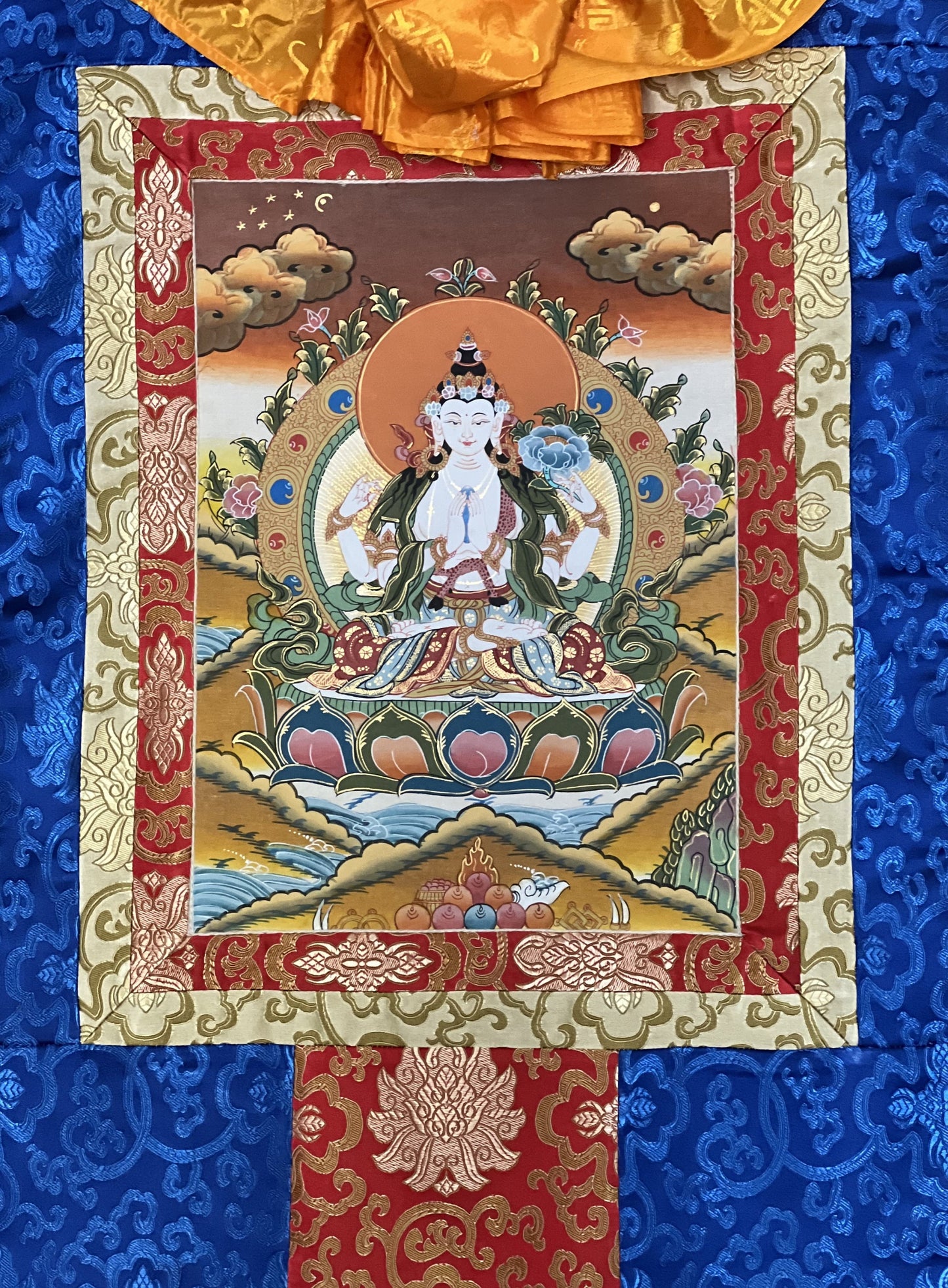 Original Hand-painted  Master Quality Chyangresi/ Chenrezig/Avalokiteshavara Thangka Painting, Meditation Art With Silk Brocade