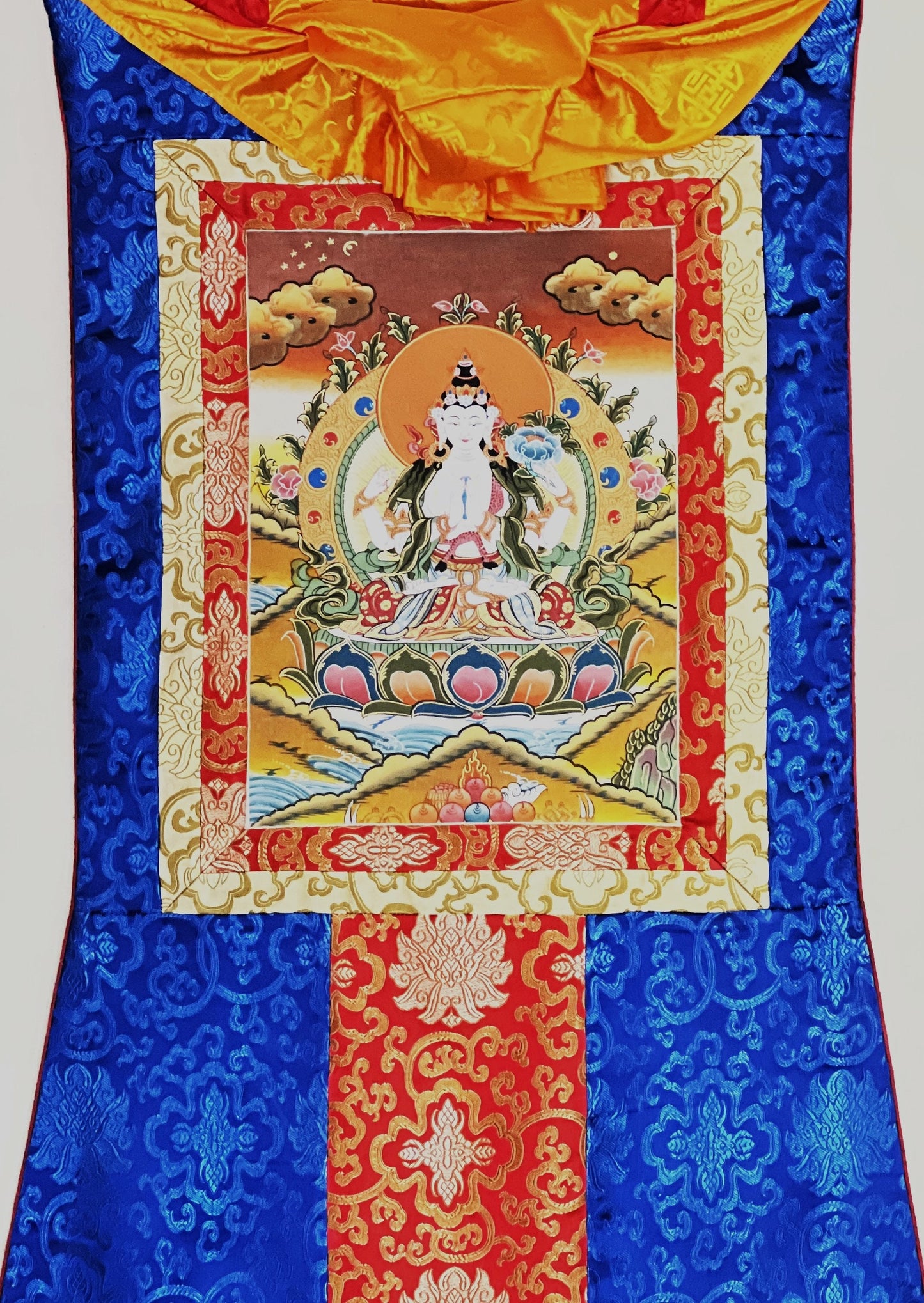 Original Hand-painted  Master Quality Chyangresi/ Chenrezig/Avalokiteshavara Thangka Painting, Meditation Art With Silk Brocade