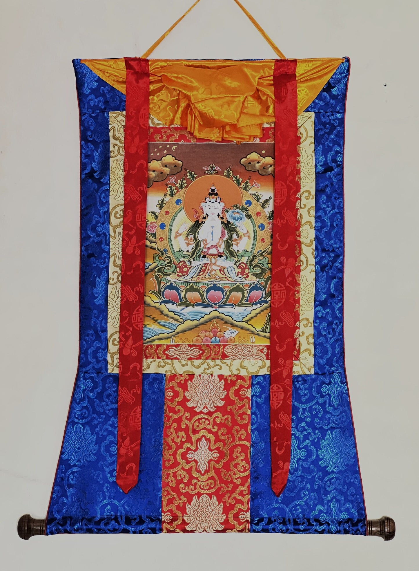 Original Hand-painted  Master Quality Chyangresi/ Chenrezig/Avalokiteshavara Thangka Painting, Meditation Art With Silk Brocade