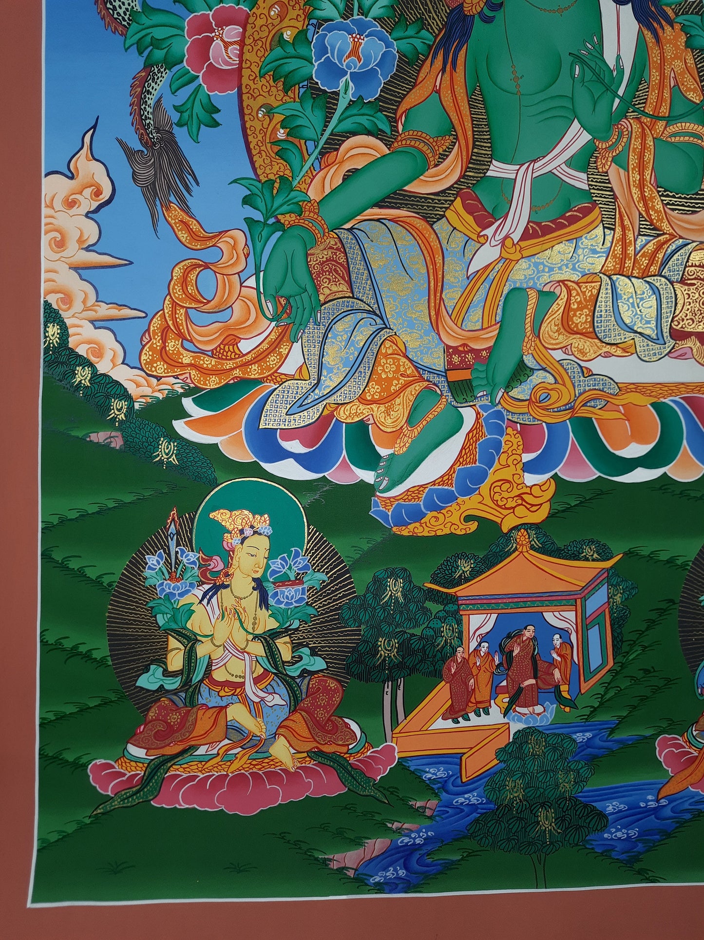 Hand painted Original Green Tara Female Buddha Gold Masterpiece Tibetan Thangka /Thanka Painting/Wall Hanging  From Nepal