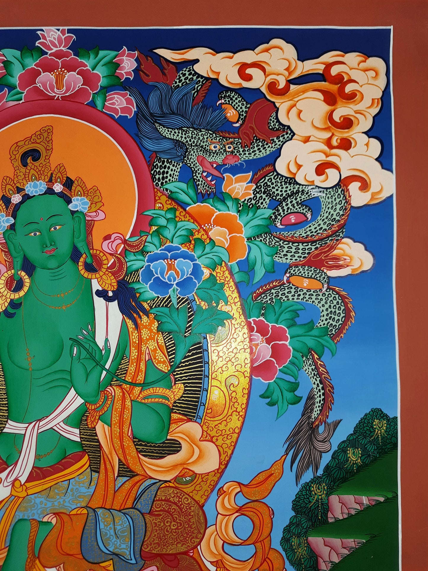 Hand painted Original Green Tara Female Buddha Gold Masterpiece Tibetan Thangka /Thanka Painting/Wall Hanging  From Nepal