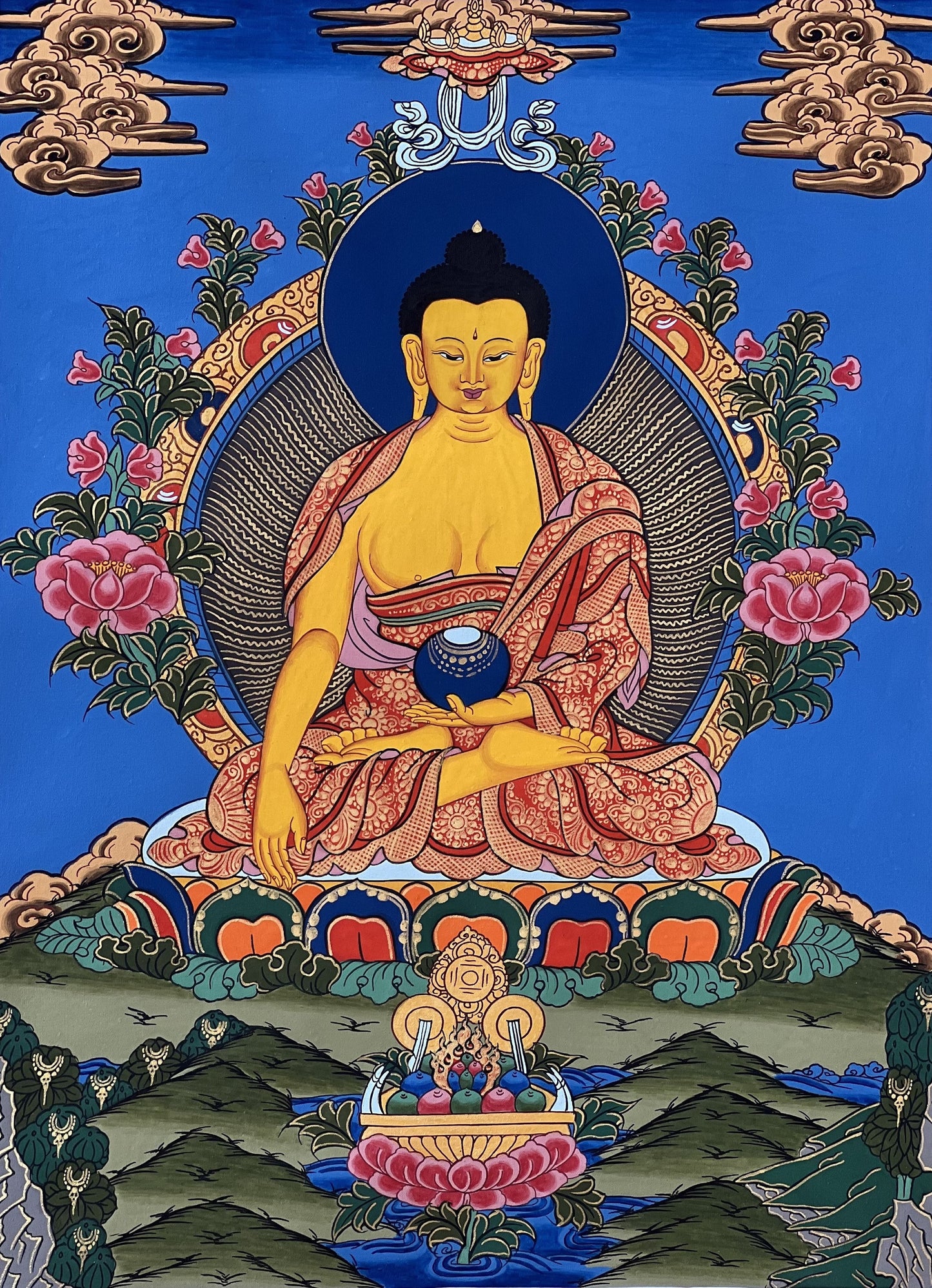 Original Hand-painted  Shakyamuni/ Gautama Buddha/ Master-Quality Tibetan Thangka Painting Framed with Traditional Silk