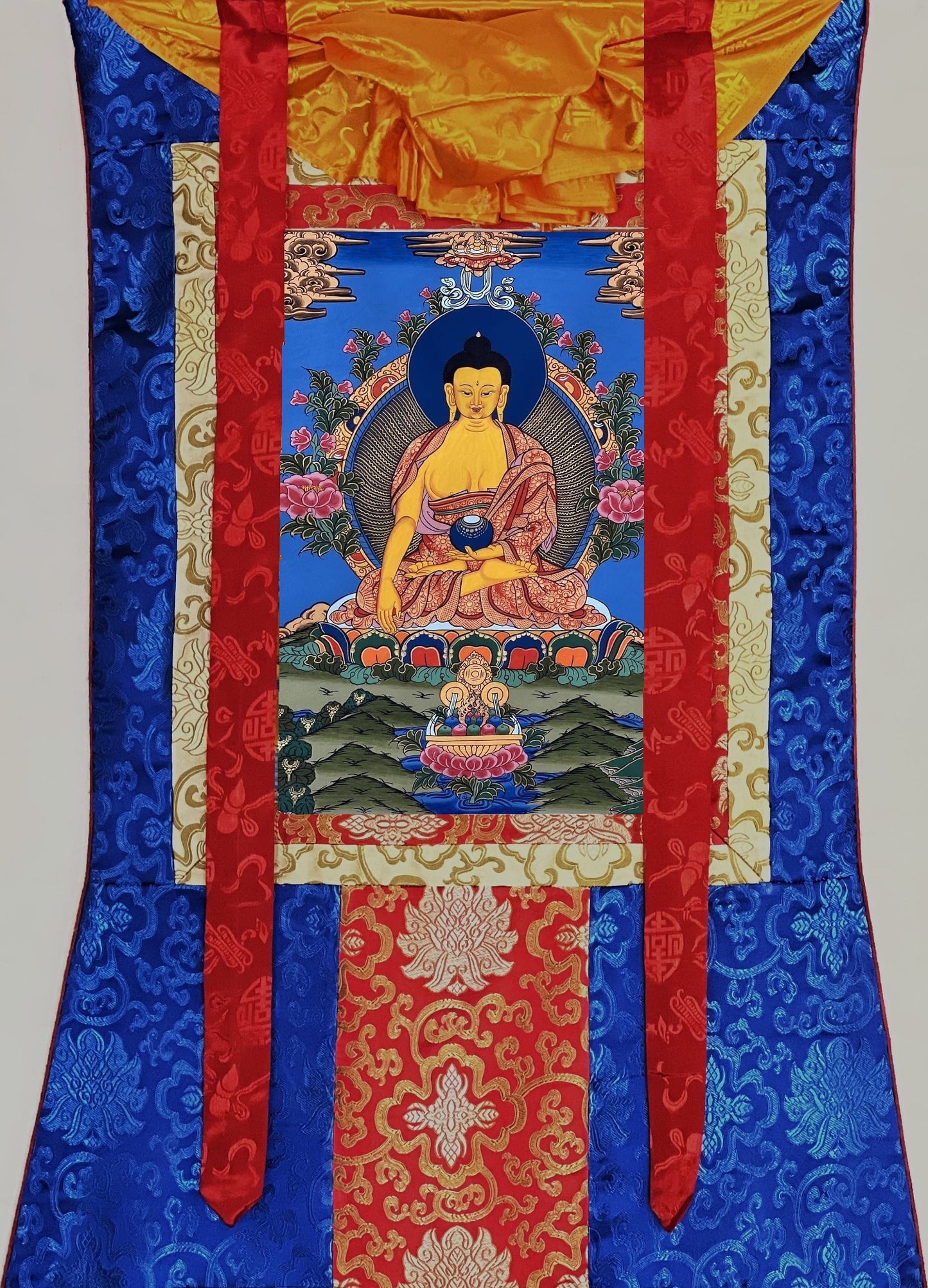 Original Hand-painted  Shakyamuni/ Gautama Buddha/ Master-Quality Tibetan Thangka Painting Framed with Traditional Silk