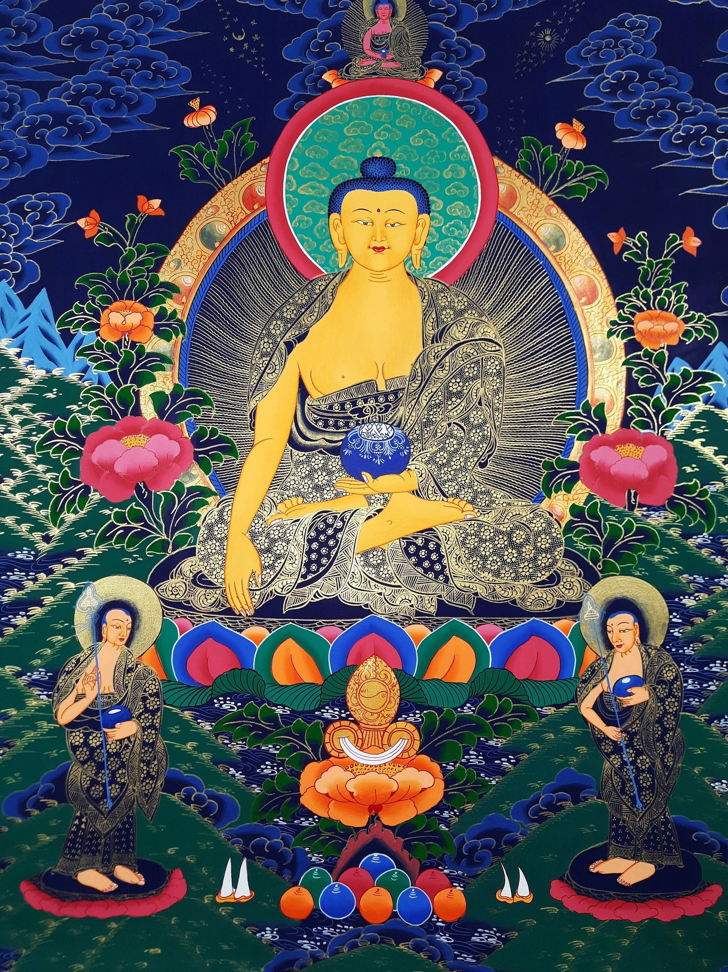 Original Hand Painted Shakyamuni Buddha / Gautama  With Disciples  Fine Work  Tibetan Wall Hanging mediation Painting Thangka / Thanka