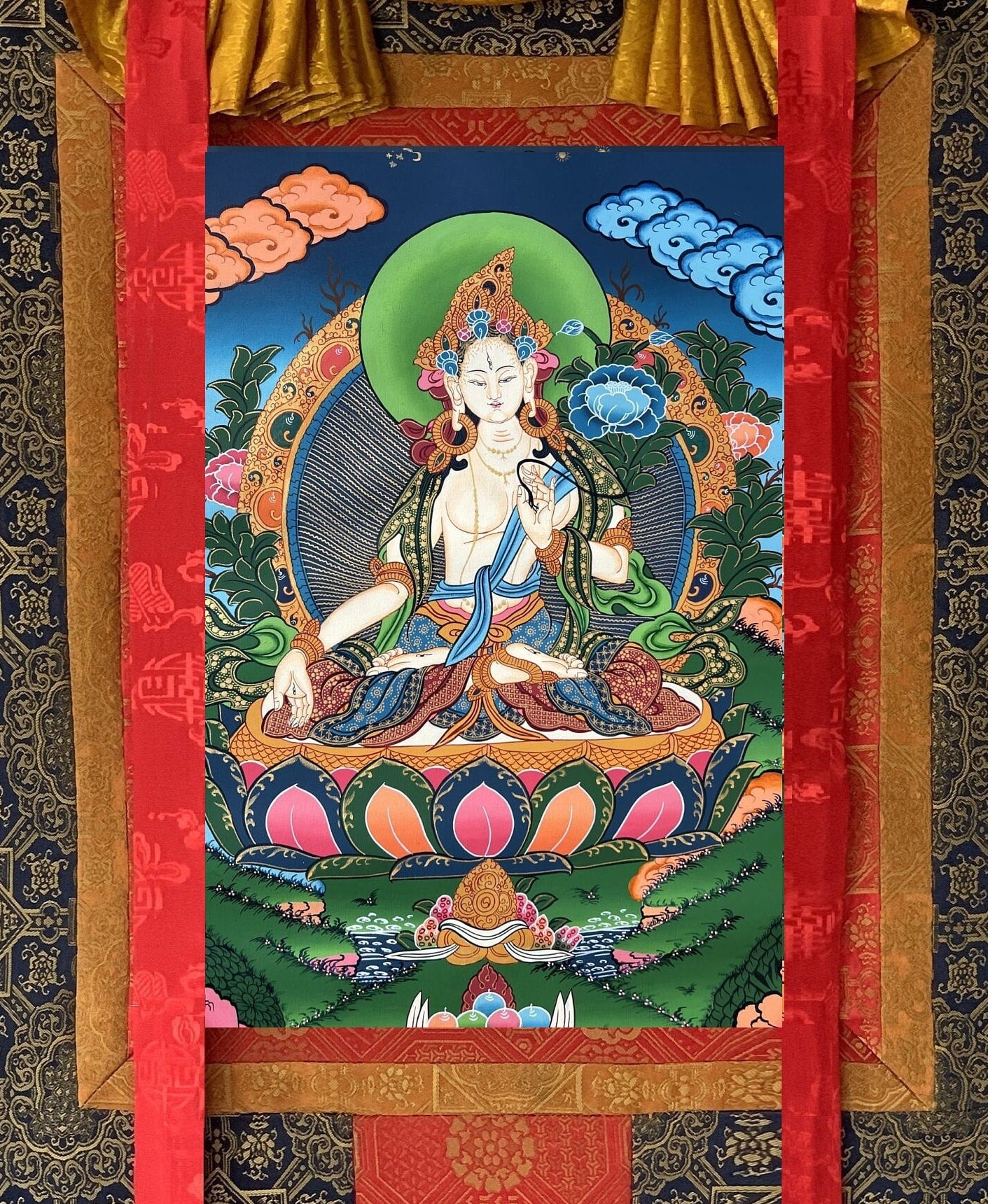 Hand painted Original White Tara / Mother Goddess Tibetan Thanka  / Thangka Painting Compassion Meditation Art with Premium Silk Brocade